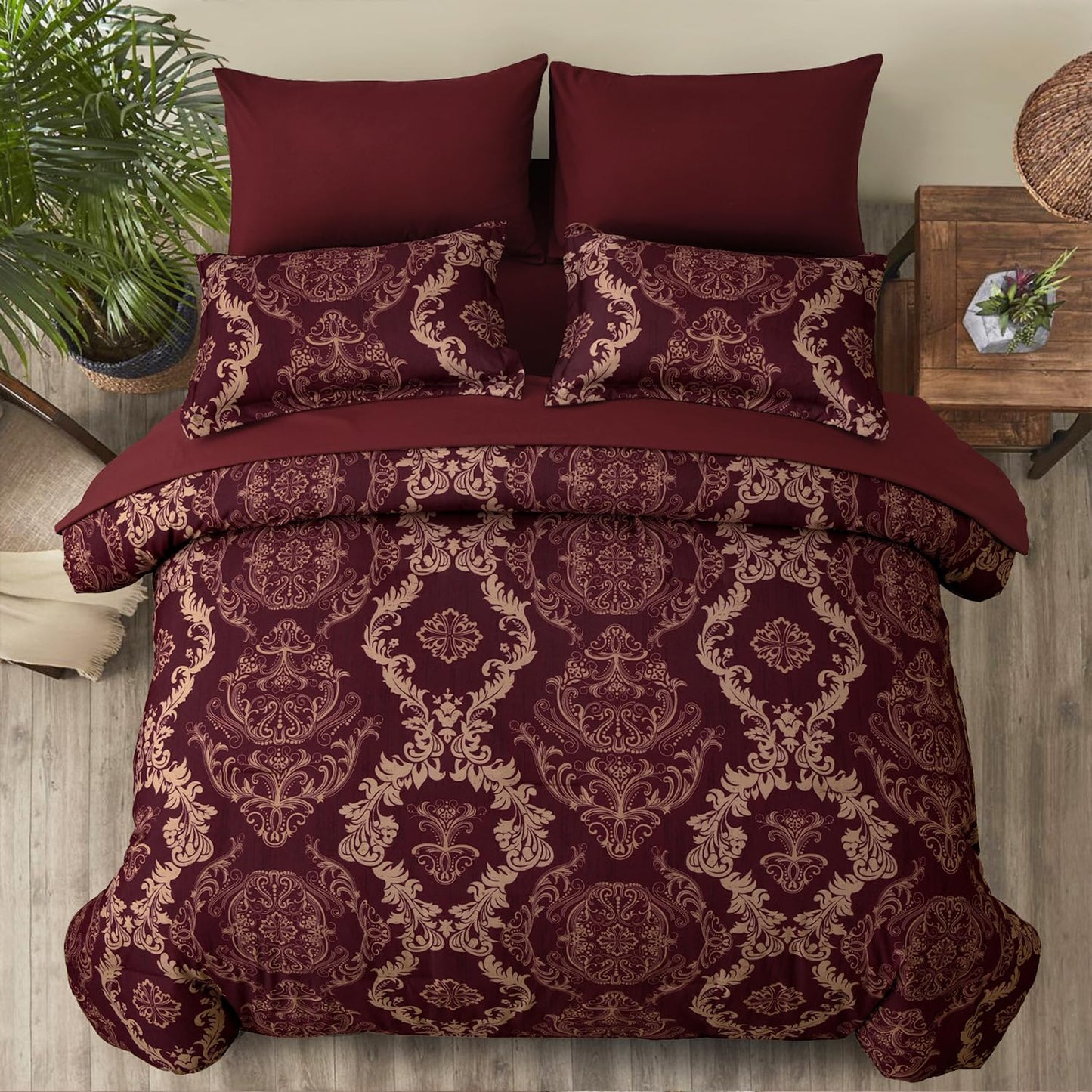 WONGS BEDDING Burgundy Comforter Set Queen Size, Maroon Damask Texture 7 Pieces Bed in a Bag Microfiber Comforter Bedding Sets -1 Comforter, 1 Flat Sheet, 1 Fitted Sheet, 2 Pillow Shams, 2 Pillowcases