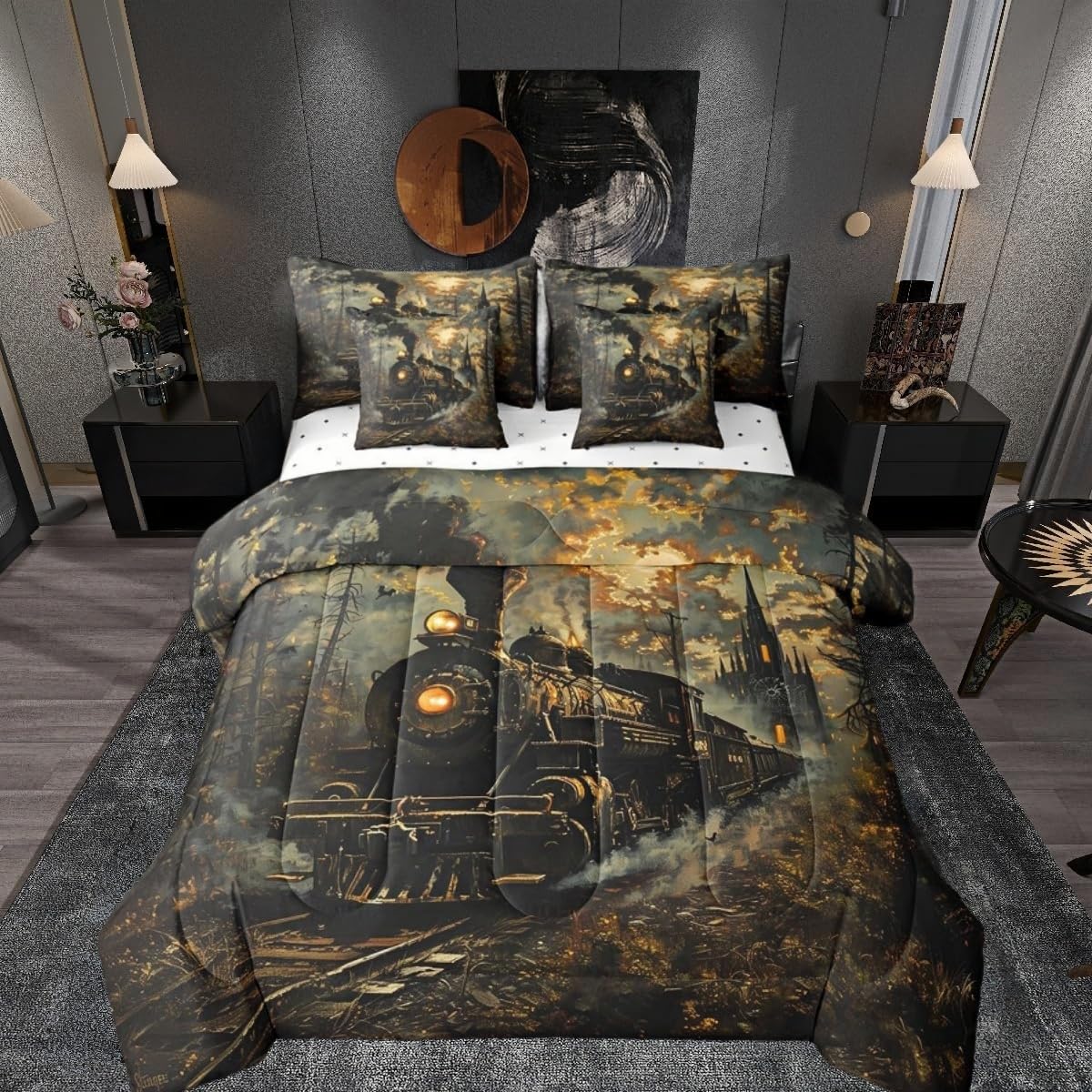 7 Pieces Twin Size Train Comforter Set,Retro Choochoo Steam Locomotive Train Bedding Set for Boys Girls,Gothic Bell Tower Castle (Comforter+Fitted+Flat Sheet+2 Pillowcases+2 Throw Pillow Covers)