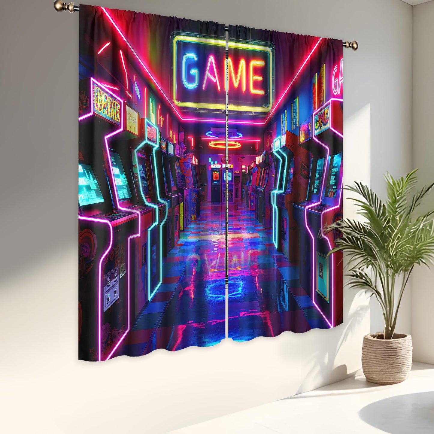 LIGHTINHOME Neon Arcade Game Curtains 42Wx63H Inch Retro Gamer Video Arcade Gaming Cool 80s 90s Window Curtains for Boys Bedroom Kids 2 Panels Rod Pocket Living Room Window Drapes Treatment Fabric