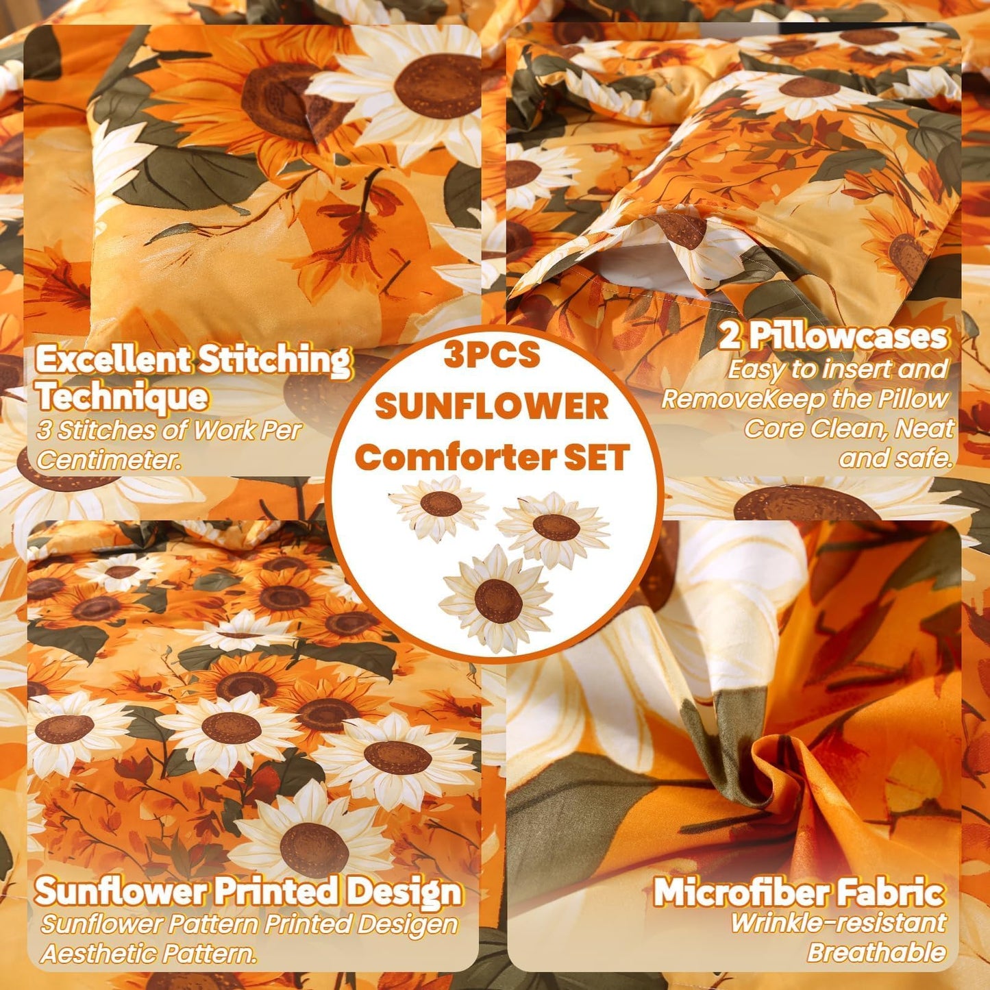 MAG 3Pcs Sunflower Twin Comforter Set,Microfiber Floral Twin Bedding Set,Boho Orange Flower Pattern,All Season Included 1 Comforter + 2 Pillowcases for Toddler Kids Boys Girls,Breathable and Wrinkle.