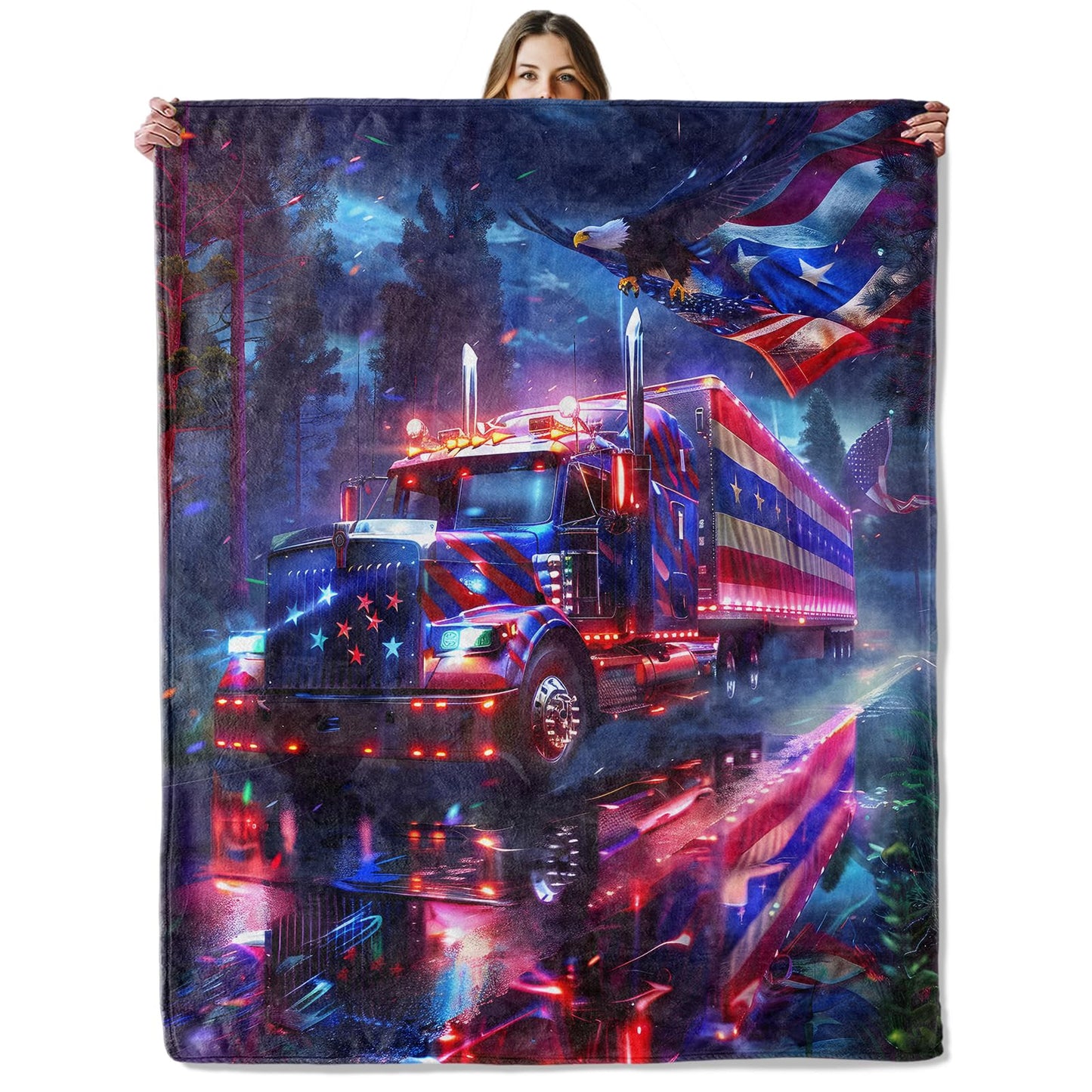 SIUKUS Patriotic Truck and Eagle Flannel Throw Blanket for Bedroom Camping,American Flag and Bird Decorative Blankets,Soft Lightweight Throws,Thoughtful Gifts for Men Veterans Patriot,50x60 Inch
