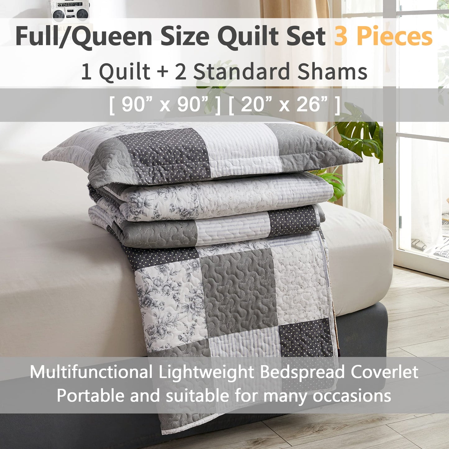 Morden Lightweight Queen Bedspread - Floral & Plaid Reversible Quilt Set - Grey & Black White Paisley & Floral Pattern