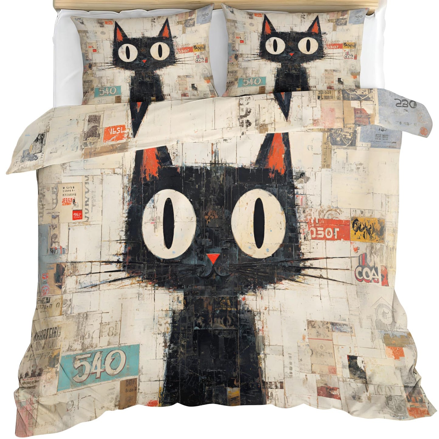 ZAMODE Cat Comforter Cover 90" x 90", Cartoon Kitten Bedding Queen Size, Retro Black Cat Duvet Cover with 2 Pillowcases