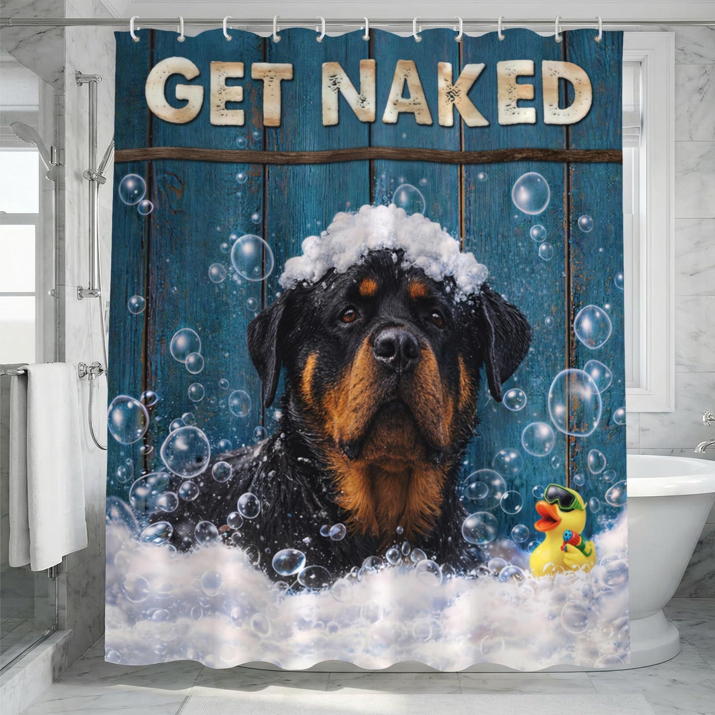 Hwsuiairt Funny Rottweiler Dog Shower Curtain Rottweiler Dog Get Naked Rustic Blue Wood Decor Cute Puppy Bath Curtain Set Waterproof Polyester for Bathtubs - 72"x72"