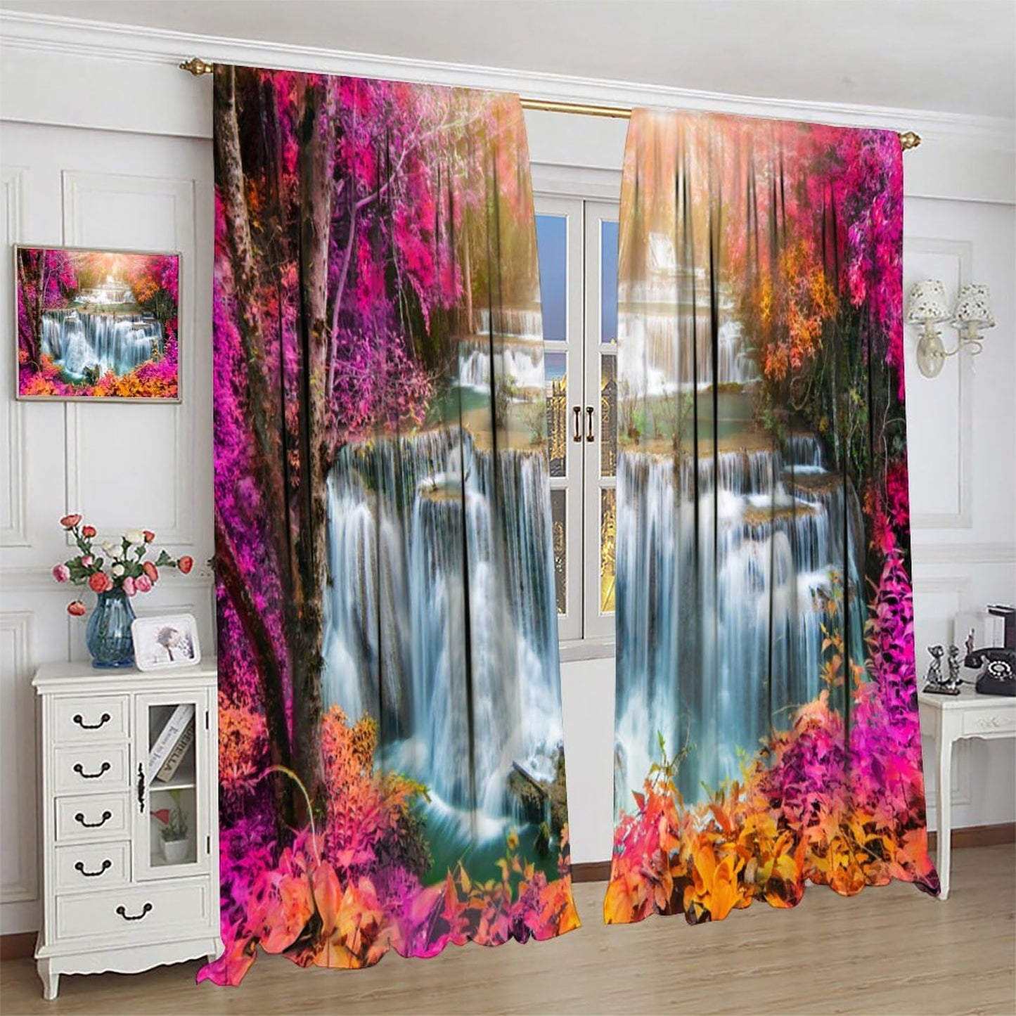 Focusbrite Waterfall Curtains，Spring Nature Theme Pink Floral Forest Landscape Scenery Pattern Waterproof Fabric Rod Pocket Window Drapes for Bedroom Living Room Cafe Set 2 Panels,42x45 Inches