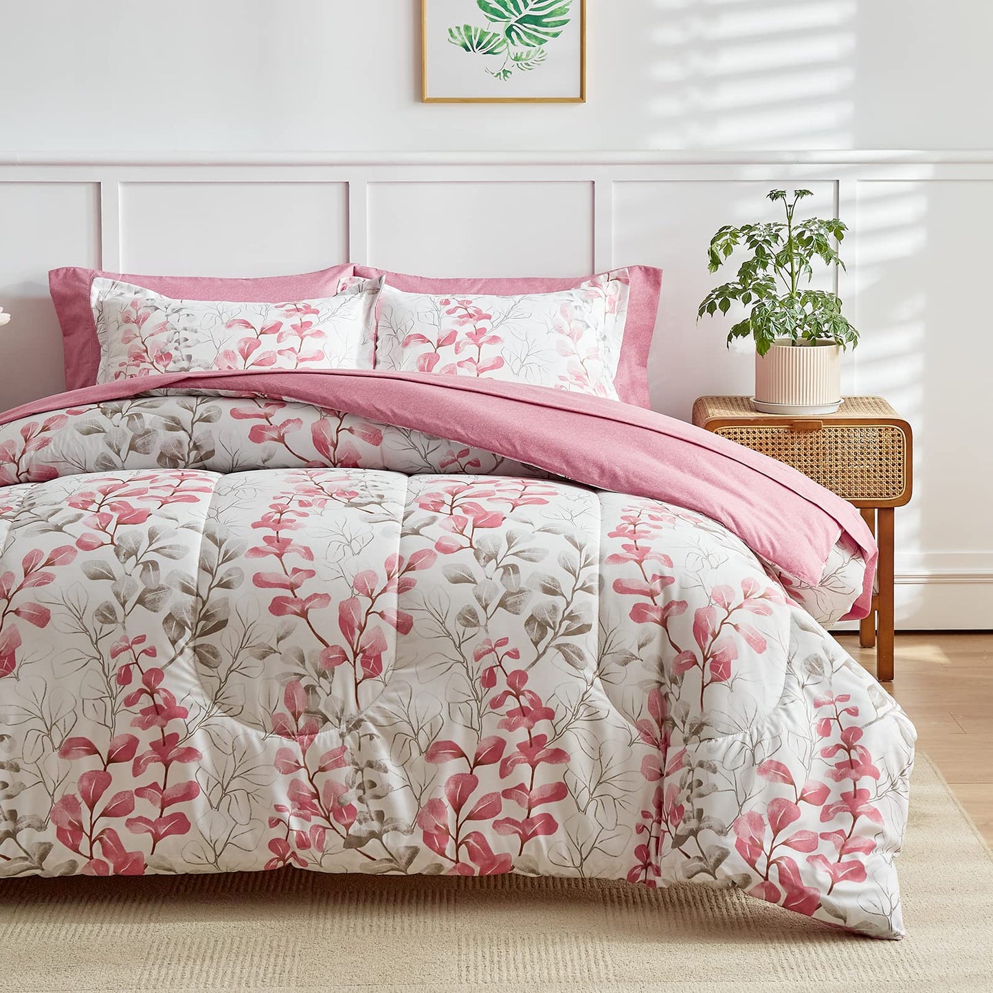 Pink Floral Comforter Sheet Set Bed in a Bag 7 Pieces Queen Size Pink Gray Flower Leaves Bedding Set (1 Comforter 2 Pillow Shams 1 Flat Sheet 1 Fitted Sheet 2 Pillowcases)