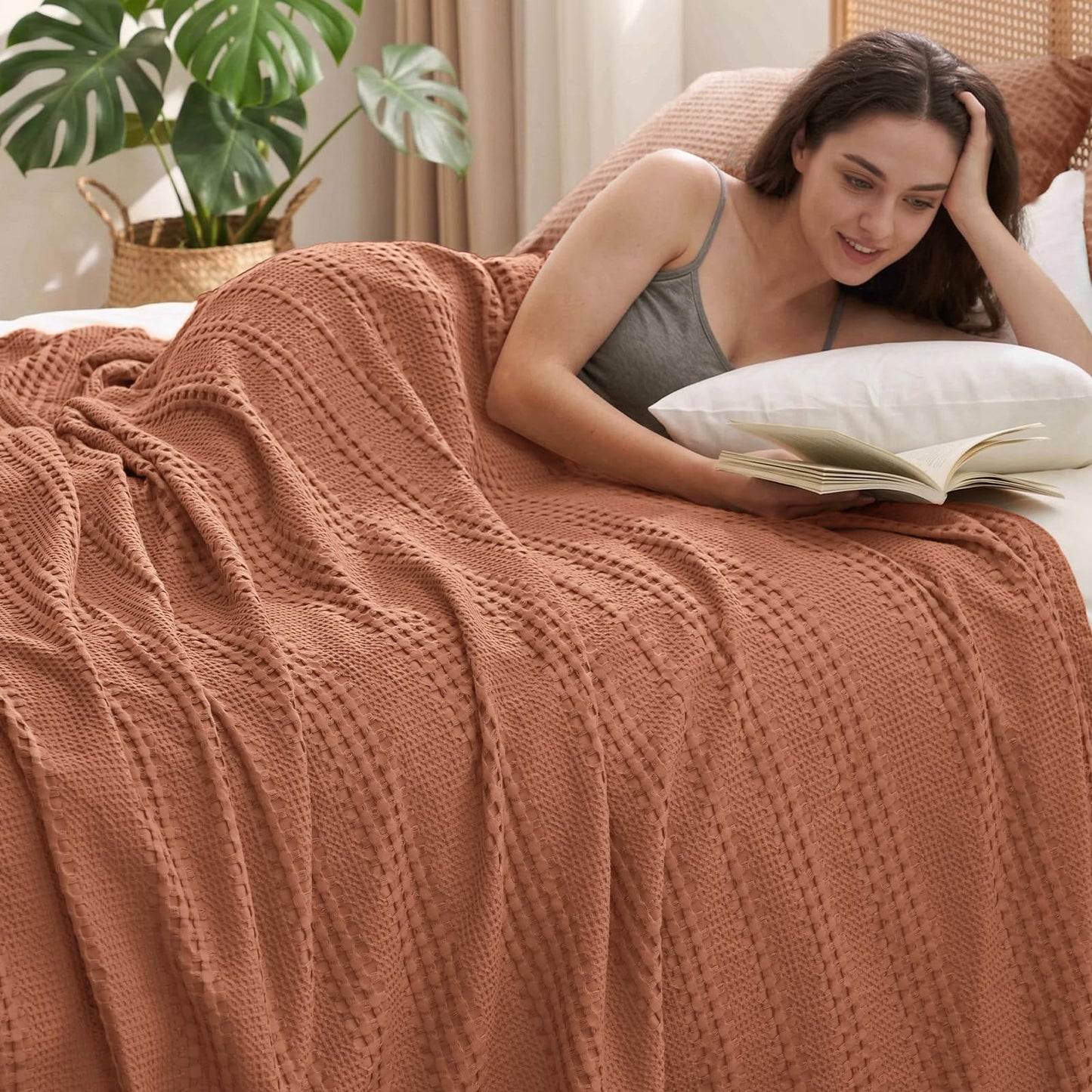 PHF Cooling Waffle Blanket Queen Size, Lightweight 60% Rayon from Bamboo & 40% Cotton Breathable Blanket for Hot Sleepers, Summer Use, Soft Luxury for Bed Couch Sofa, 90"x90", Terracotta