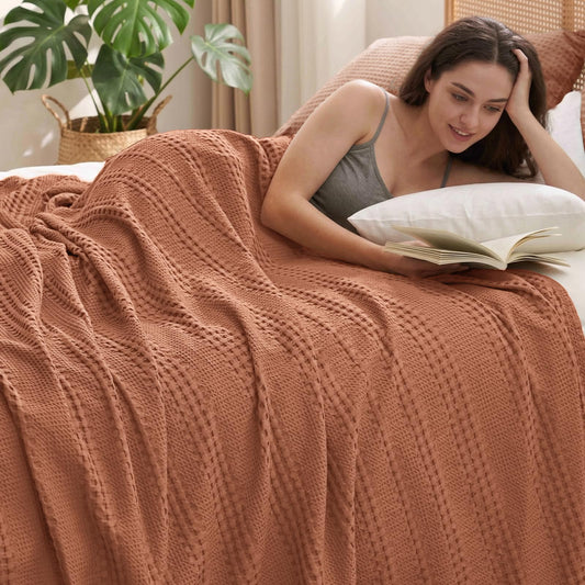 PHF Cooling Waffle Blanket Queen Size, Lightweight 60% Rayon from Bamboo & 40% Cotton Breathable Blanket for Hot Sleepers, Summer Use, Soft Luxury for Bed Couch Sofa, 90"x90", Terracotta