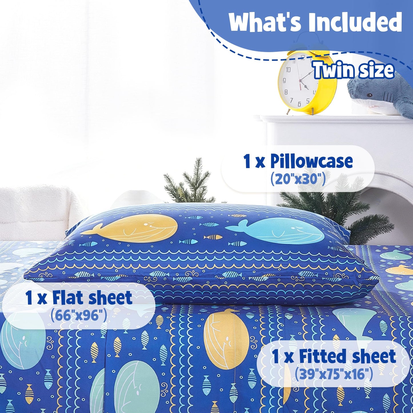 CozySmile Twin Sheet Set Kids,3 Pieces Breathable Soft Microfiber Bedsheets for Child Boys Girls, Oeko-TEX, Anti Pilling Deep Pockets Easy Care Bed Sheets, Whale