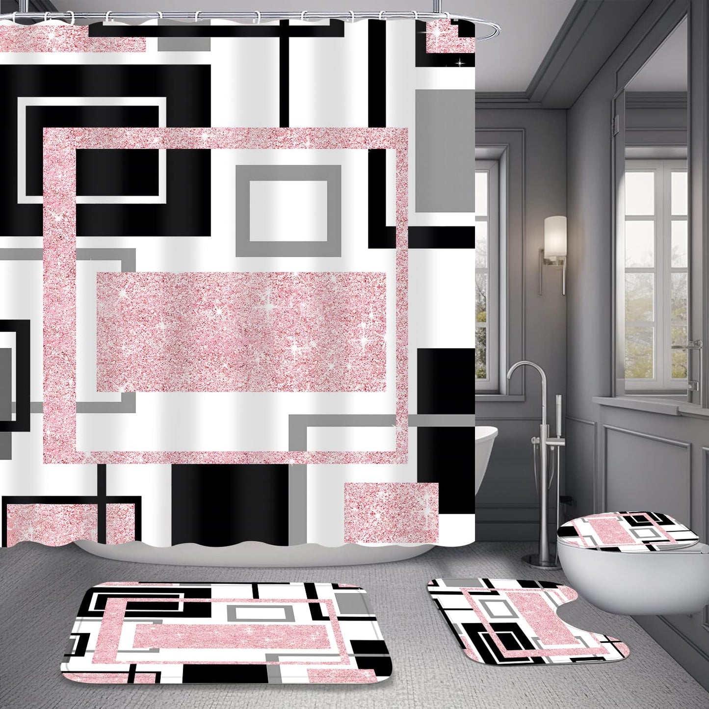 Yddsky 4 Pcs Pink Geometric Shower Curtain Sets Non-Slip Bath Rugs, Bathroom Accessories,Bathroom Sets with Shower Curtain and Rugs, Pink Geometric Modern Bathroom Decor with 12 Hooks