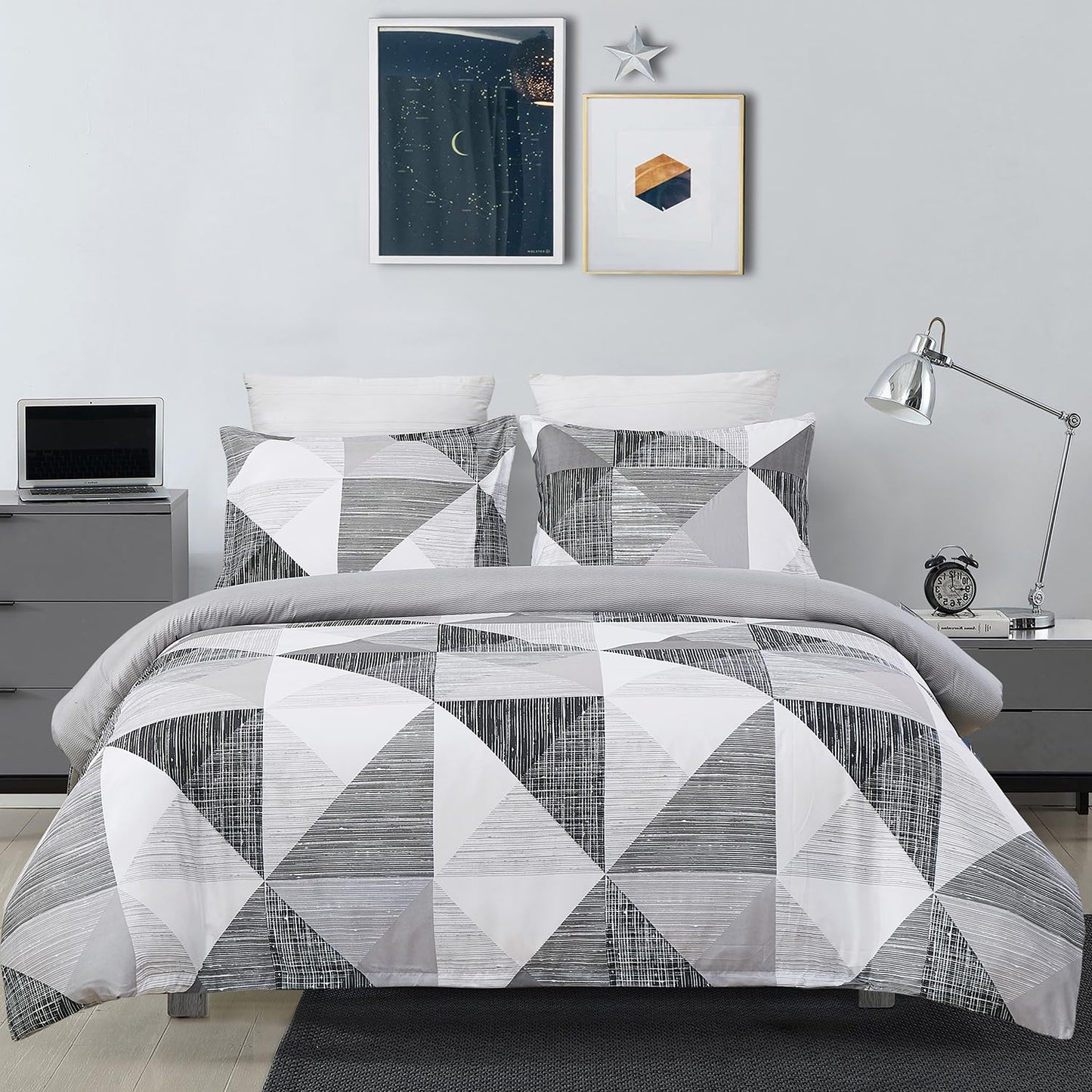 Vaulia Soft Microfiber Duvet Cover Queen Size, Modern Grey Geometric Print Pattern Design All Season, 3-Piece Set with 1 Duvet Cover 2 Pillow Shams