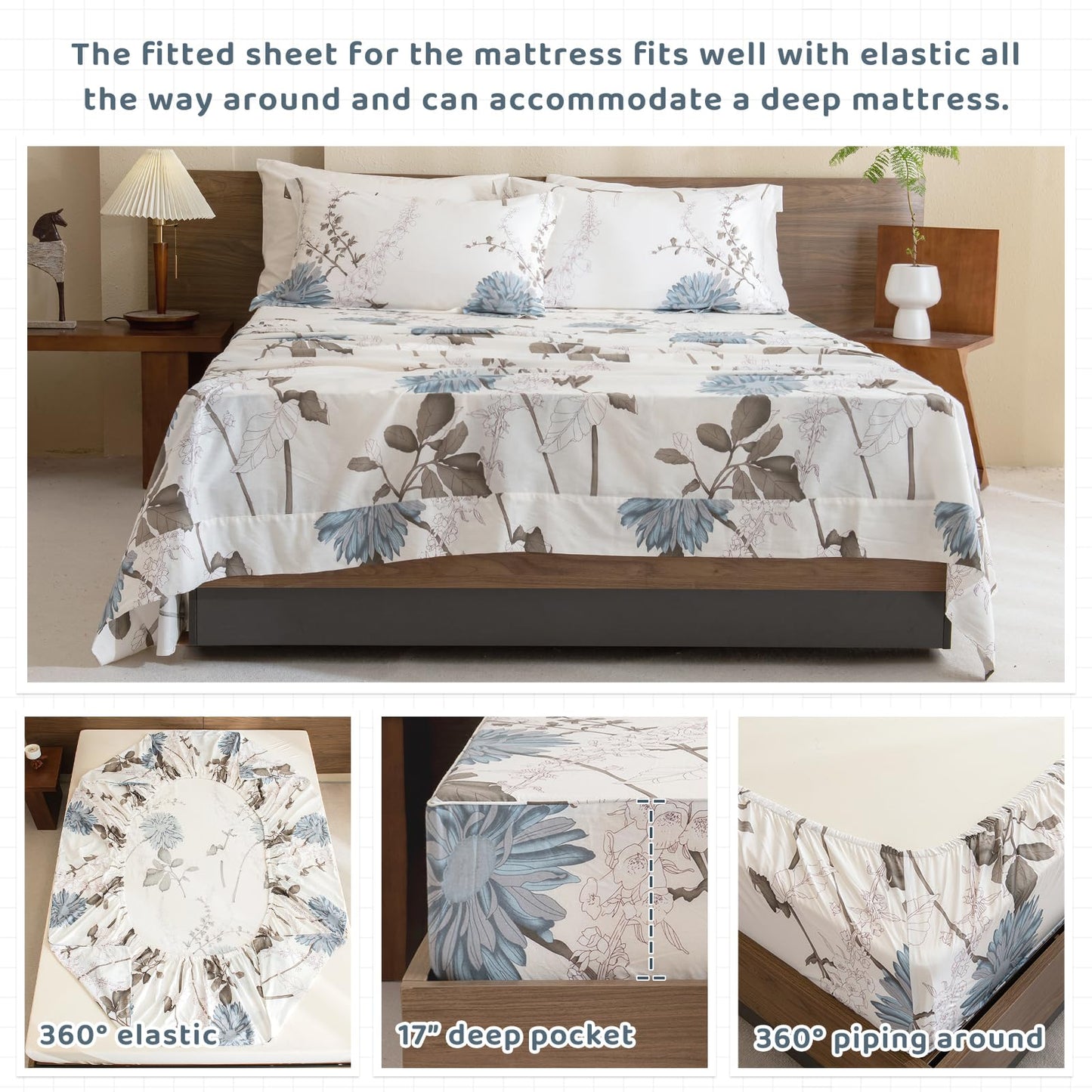 QSH 100% Cotton Sheets for Queen Size Bed, White Floral Plant Pattern Botanical Luxury Cotton Printed Floral Bedding Sheets Queen Soft and Breathable 4pcs Deep Pocket Queen Sheet Set