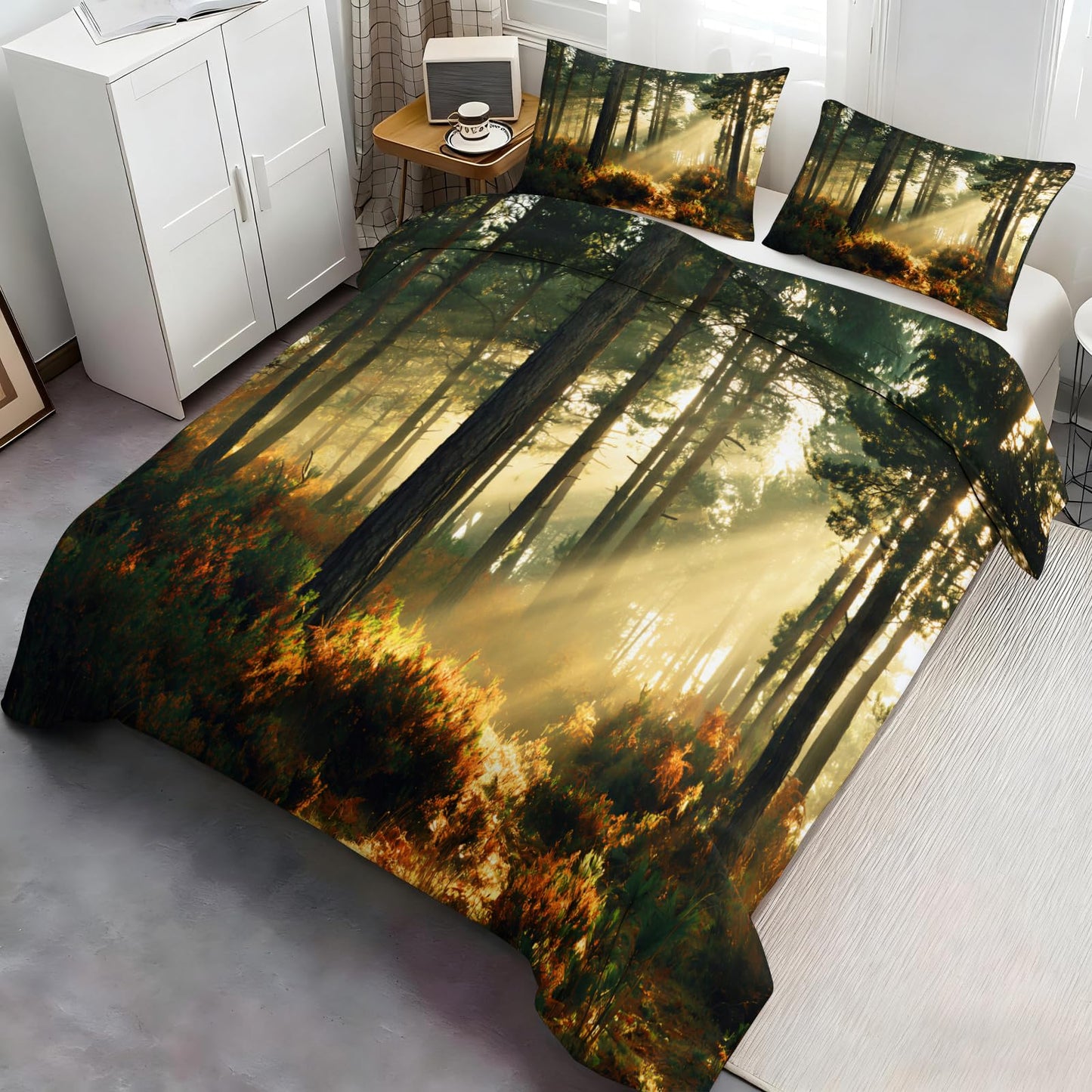 Forest Comforter Cover Full Size 80" x 90", Sunshine Forest Duvet Cover, Natural Woodland Tree Bedding Set with 2 Pillowcases