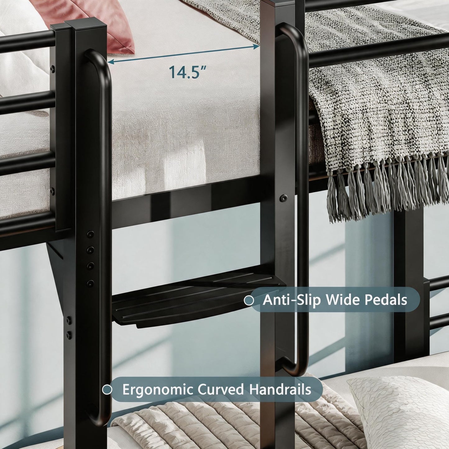 Einhomn Curved Metal Bunk Bed Twin Over Twin, Heavy Duty Bunkbeds with Safety Guardrails, Ladder with Built-in Handrails & Wide Steps, Space-Saving Design for Kids, Teens & Adults
