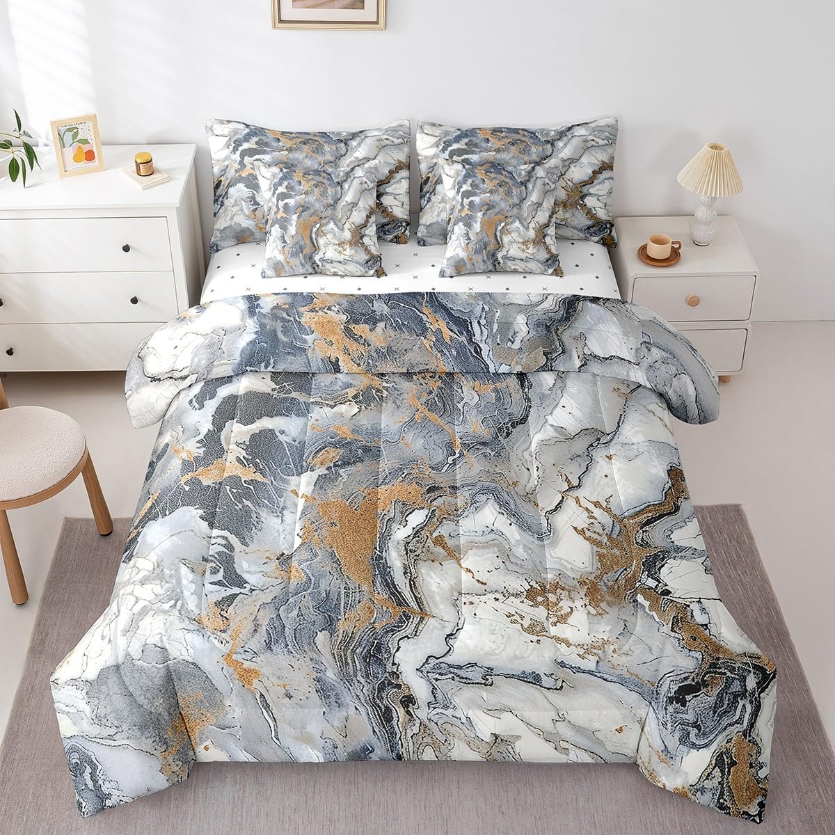 Erosebridal Marble 7 Pcs Comforter Set Queen Size Ink Fluid Bedding Modern Marbling Art Bed in A Bag for Men Women Luxury Stone Liquid Blue Gold Grey Abstract Bed Set