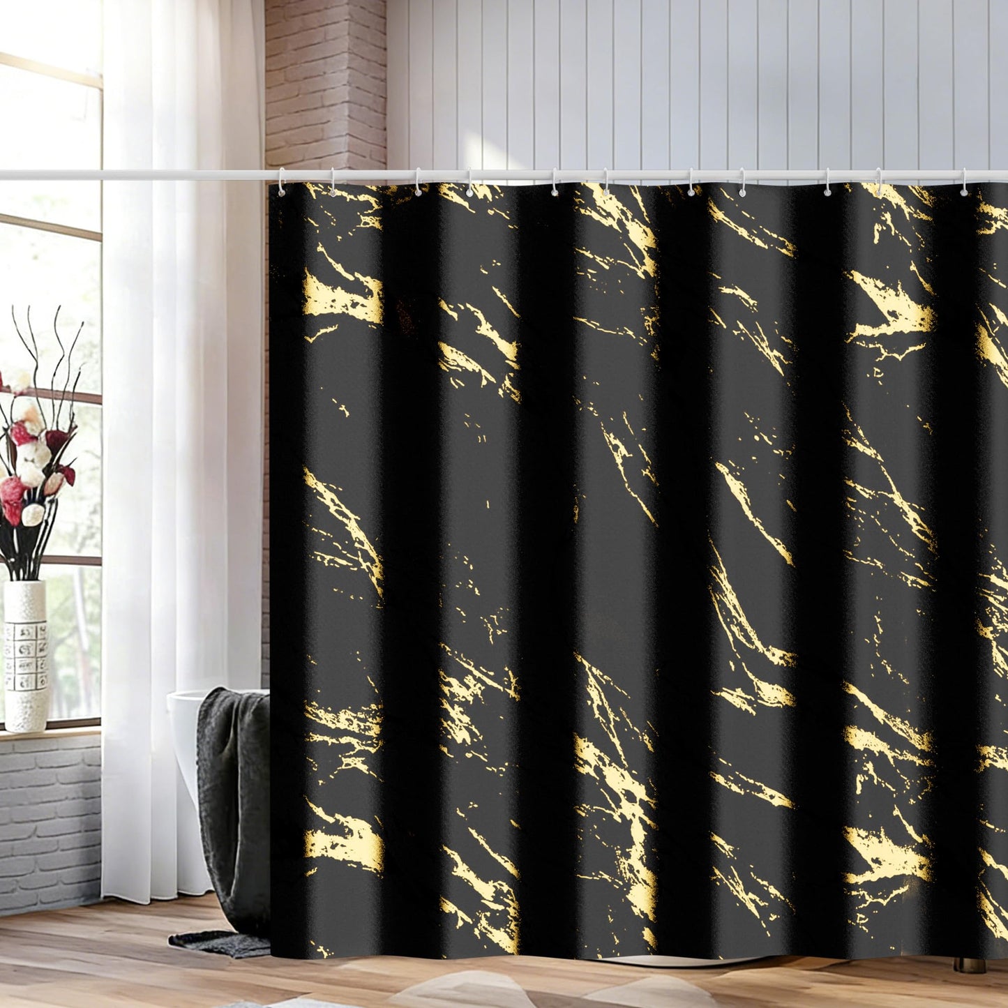 Yiwshcut Black and Gold Shower Curtain, Black Marble Shower Curtain, Modern Fabric Shower Curtains for Bathroom, Black and Gold Texture Shower Curtain Set with Hooks 72x72