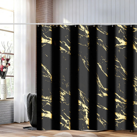 Yiwshcut Black and Gold Shower Curtain, Black Marble Shower Curtain, Modern Fabric Shower Curtains for Bathroom, Black and Gold Texture Shower Curtain Set with Hooks 72x72