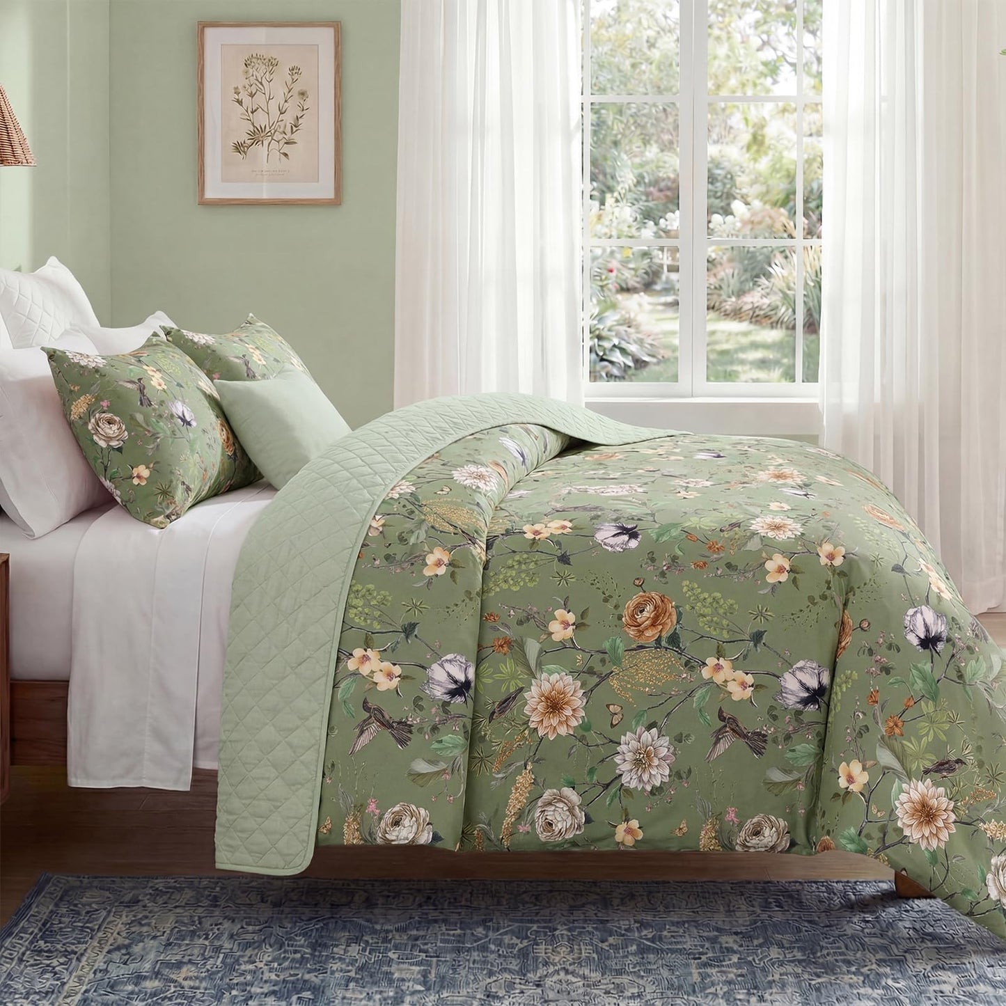 Bedorm 100% Cotton Floral Duvet Cover Queen Size - Green Floral Flower Print 3 Piece Bedding Set with Zipper Closure, Soft and Breathable, Includes 1 Duvet Cover and 2 Pillowcases