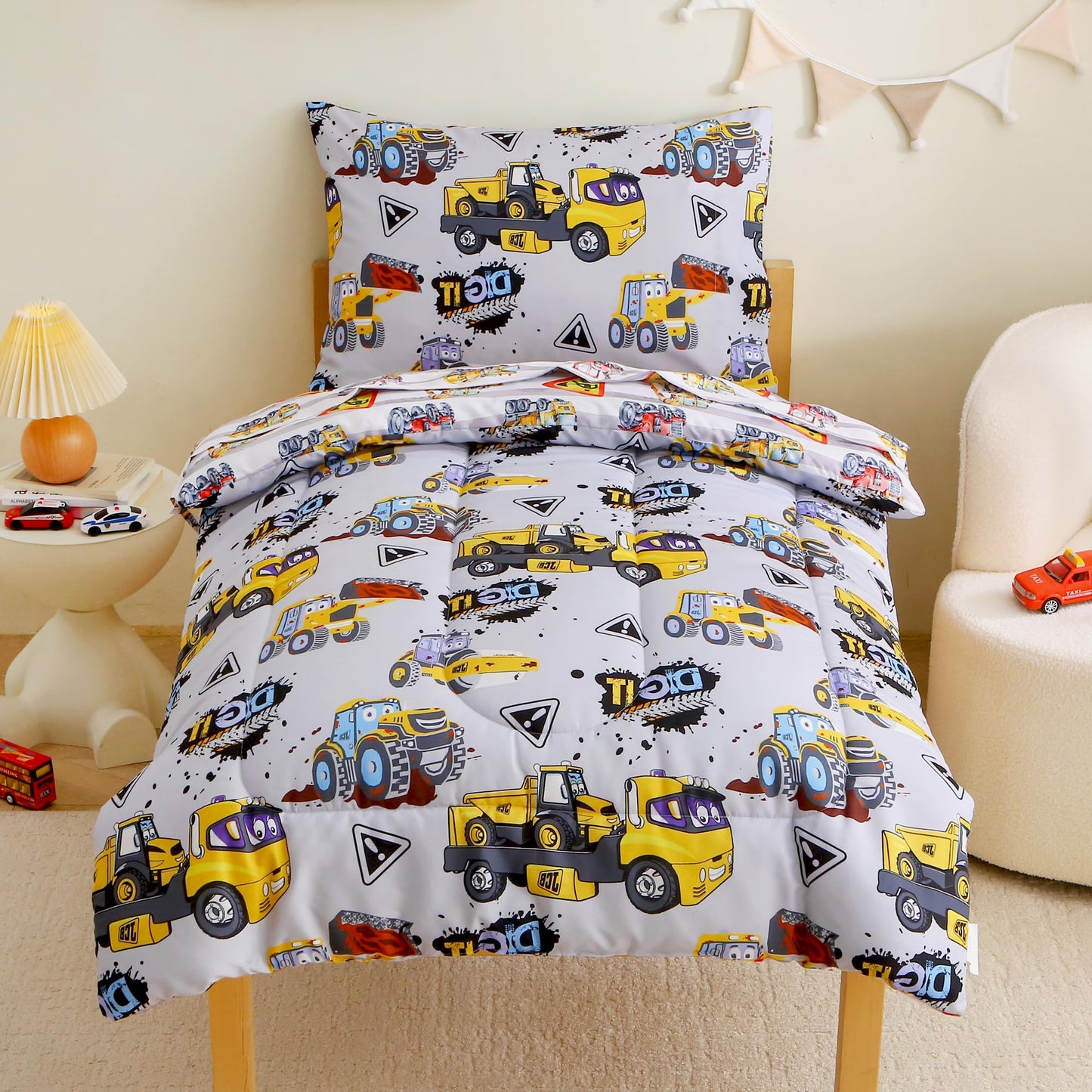 Mooreeke 4 Pieces Toddler Bedding Set - Grey Cool Heavy-Duty Vehicles Toddler Comforter Sets for Boys, Includes Comforter, Flat Sheet, Fitted Sheet and Pillowcase, Bed in A Bag for Baby Bedroom
