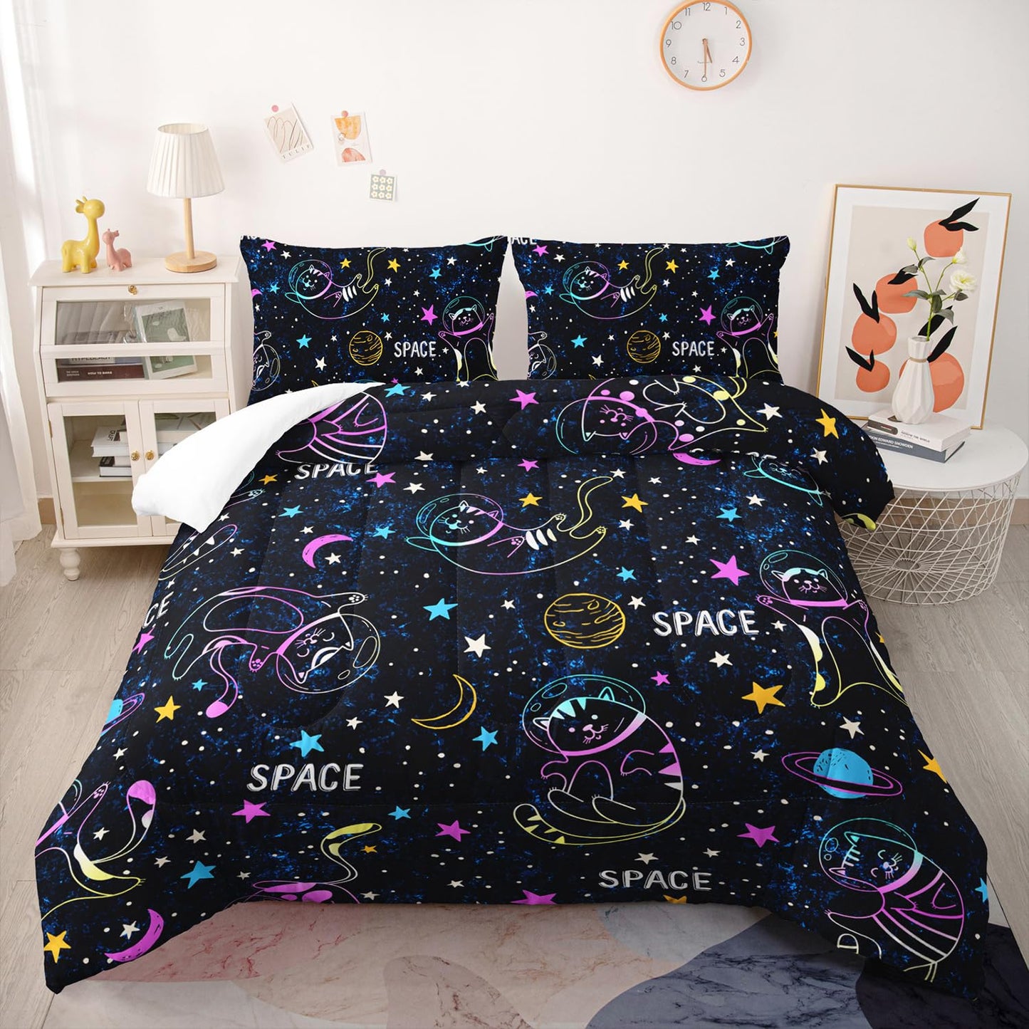 Nttopship Space Cat Comforter Set Queen,Kawaii Cat Moon Stars 3 Pieces Bedding Set for Teens Kids,Galaxy Down Alternative Bed Comforters Bedding Sets for All Season