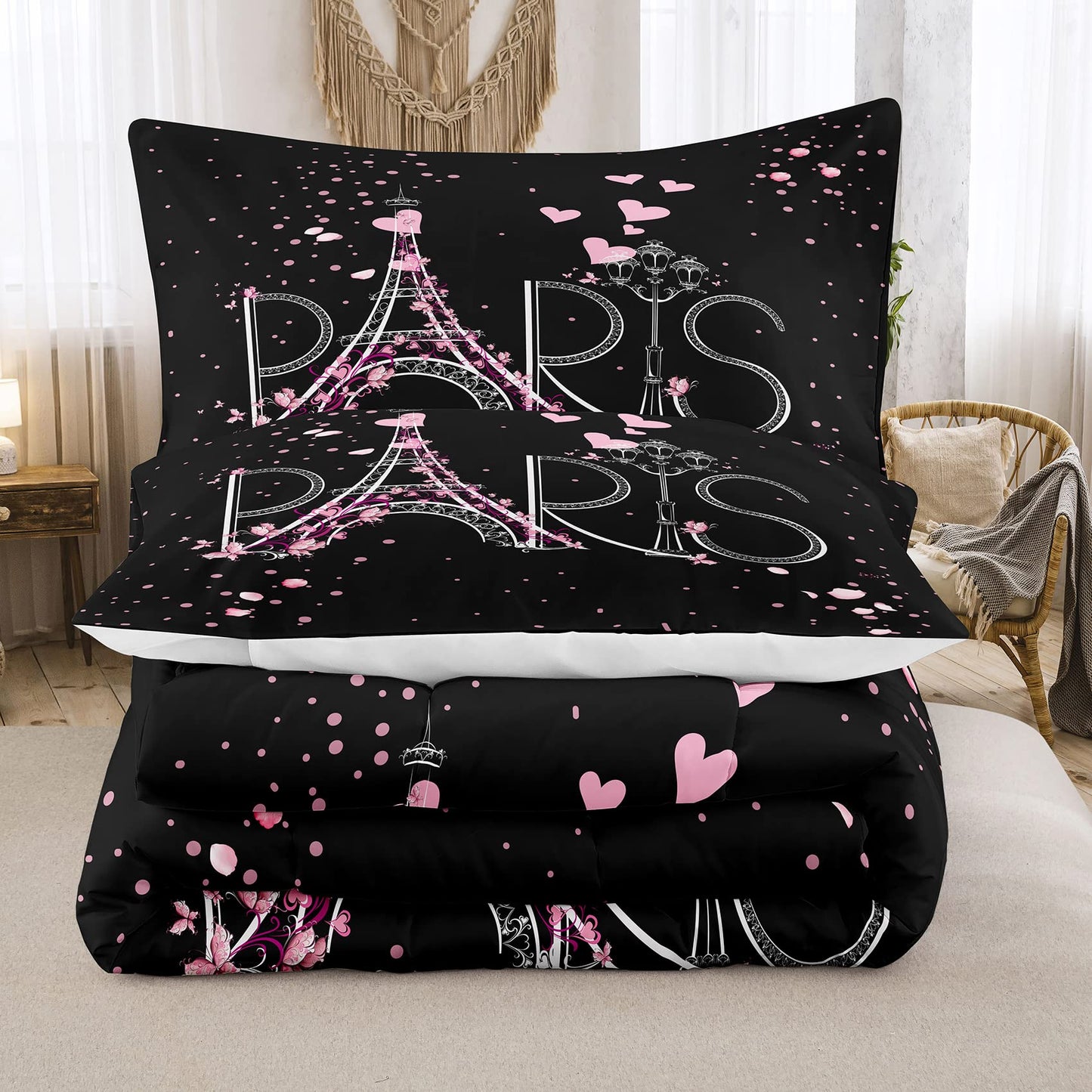 HAOHAY Eiffel Tower Comforter Set - Chic Paris Bedding Set with Romantic Theme - Black Pink Bedroom Decor - Modern French Style Comforter Set - Full Size with 2 Pillow Cases