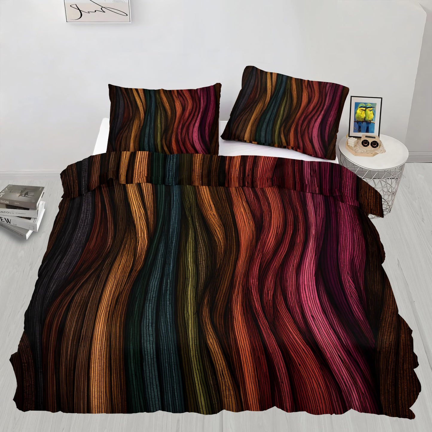 ZAOMIR Modern Abstract Wavy Stripe Dark Duvet Cover Twin Size, Boho Colorful Stripe Bedding Set 3 Piece, Ethnic Geometric Patterned Comforter Cover with Zipper Soft Microfiber, 2 Pillowcases