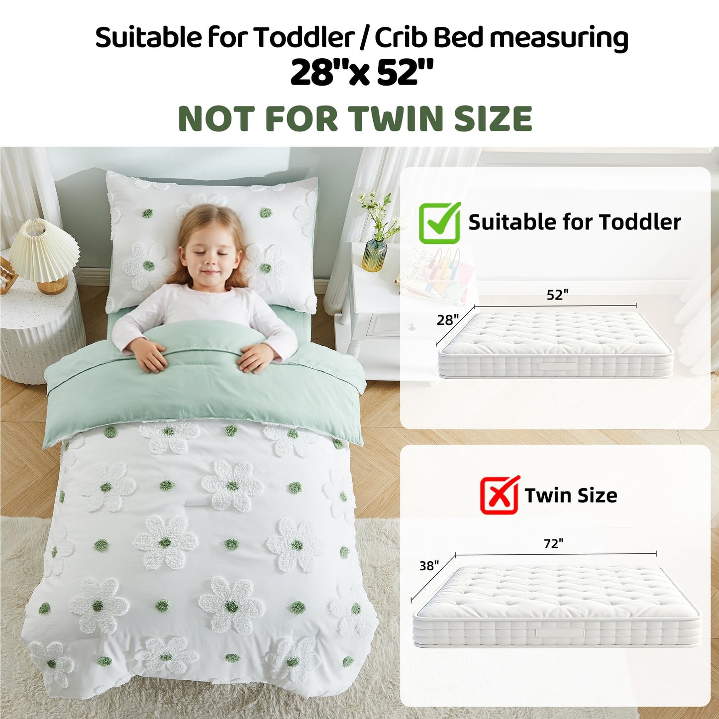 Toddler Bedding Set for Girls 4-Piece Sage Green Boho Tufted Daisy Flowers Toddler Comforter Set Bed-in-a-Bag Toddler Sheets Bedroom Set with Toddler Comforter, Flat Sheet, Fitted Sheet, Pillowcase