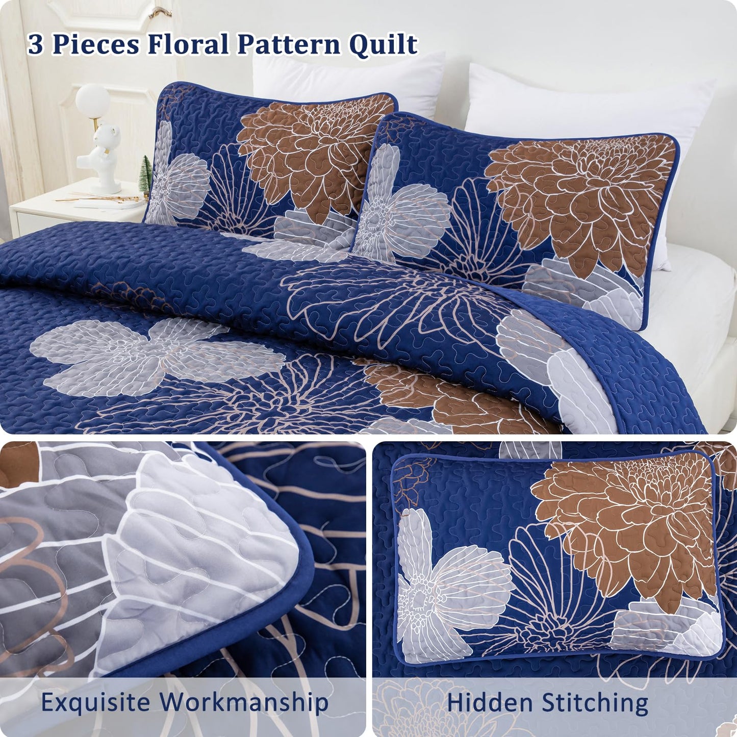 Anibedding Floral Bedspread Quilt Set Queen 3 Pieces-Navy Blue Bohemian Floral Quilt Coverlet Set Soft Microfiber Lightweight Quilted Bedspread with Pillow Shams for All Season 96"x90"