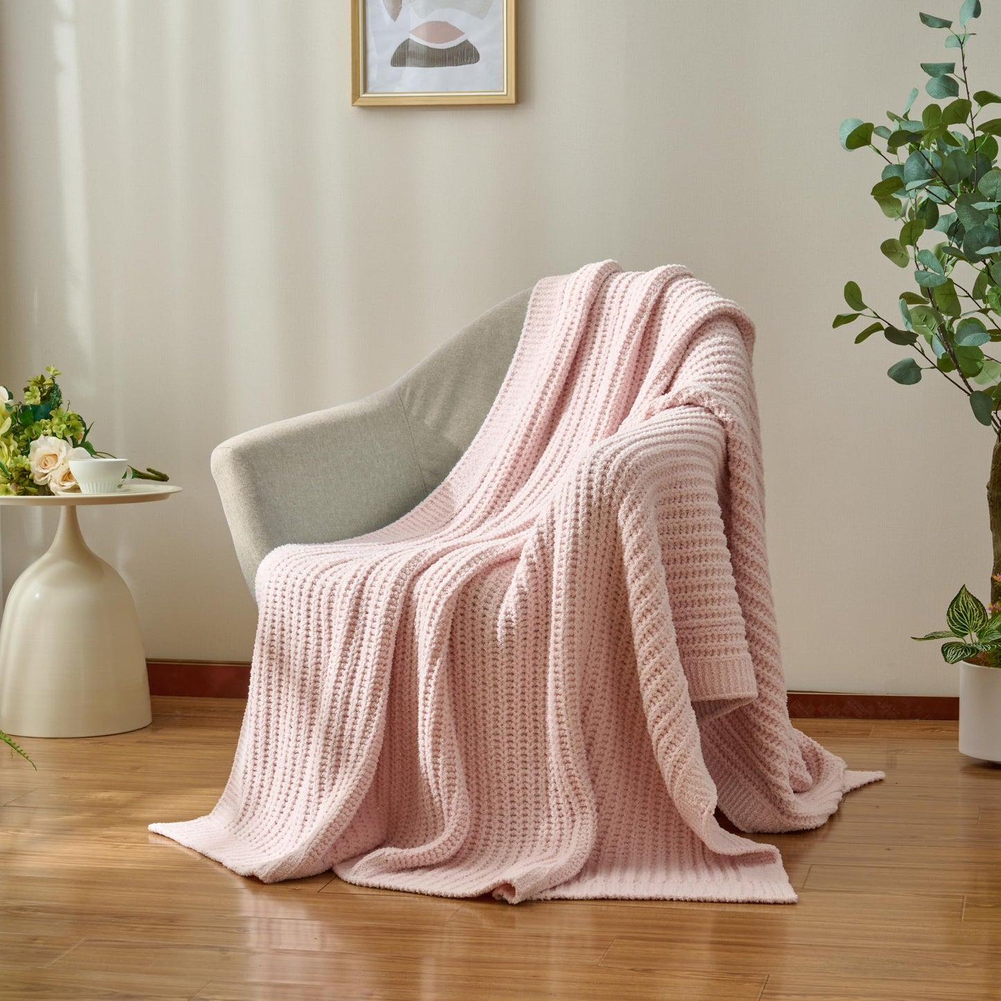 LONG CREATE Striped Throw Blanket for Couch 50"X60", Light Pink Microfiber Knitted Throws 550GSM Super Soft Warm Fuzzy Fluffy Plush Knit Blankets for Bed, Cozy Sofa Chair Living Room Home Decor