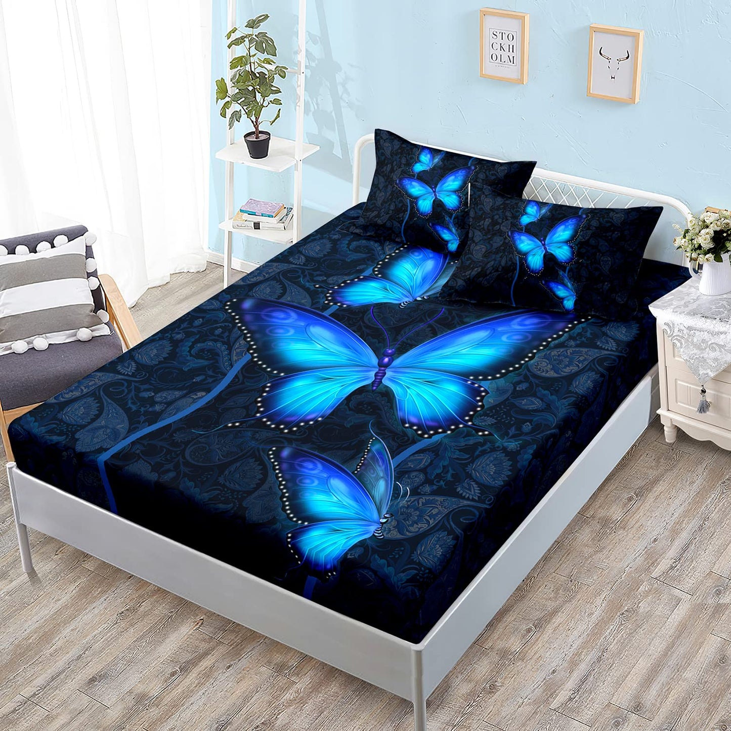 HOSIMA Blue Butterfly Bedding Set for Girls Bedroom Set,Mandala Boho Floral Full Fitted Sheet Set,Butterfly Print Fitted Sheet Full Size, 1 Fitted Sheet+2 Pillowcases.