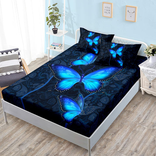 HOSIMA Blue Butterfly Bedding Set for Girls Bedroom Set,Mandala Boho Floral Full Fitted Sheet Set,Butterfly Print Fitted Sheet Full Size, 1 Fitted Sheet+2 Pillowcases.