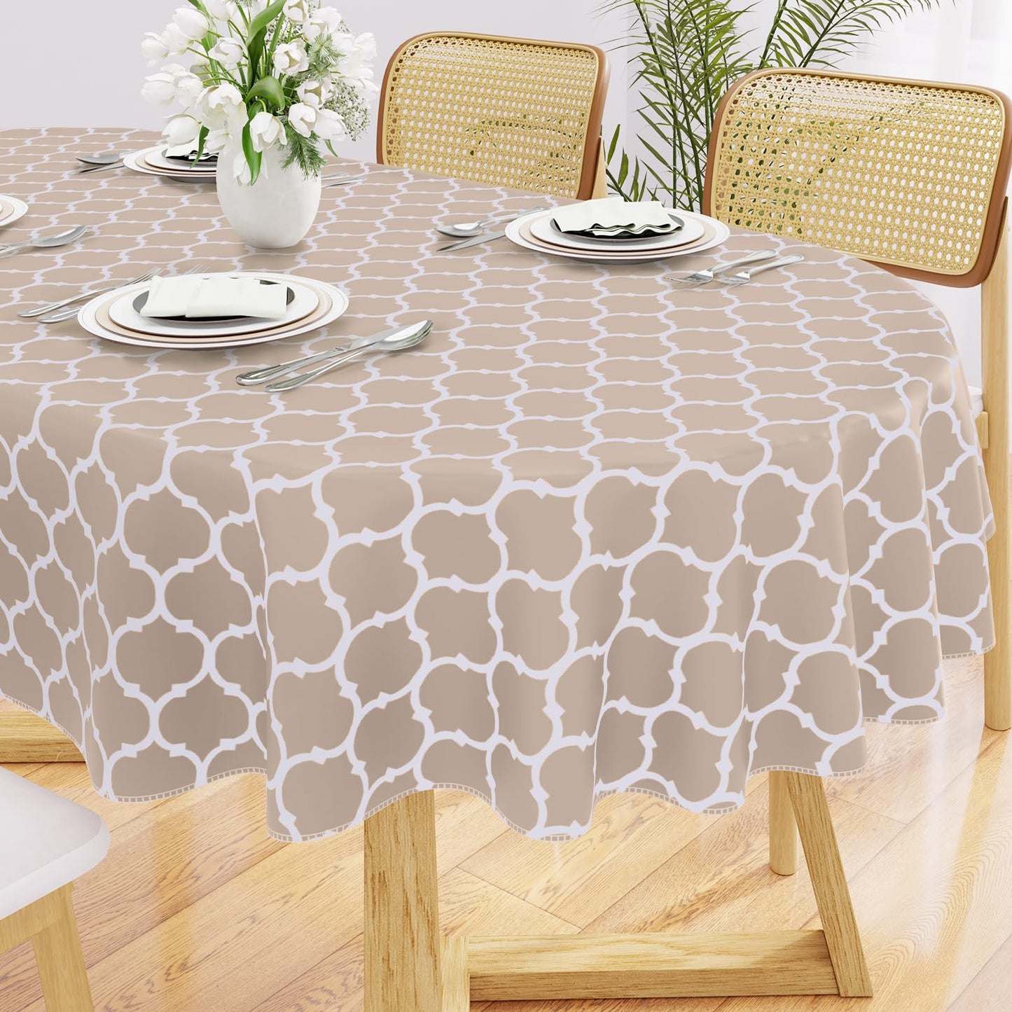 Smiry Oval Table Cloth, Waterproof Vinyl Tablecloths with Flannel Backing for Oval Tables, Wipeable Spillproof Plastic Tablecloth for Dining, Camping, Indoor and Outdoor (60"x84", Khaki)