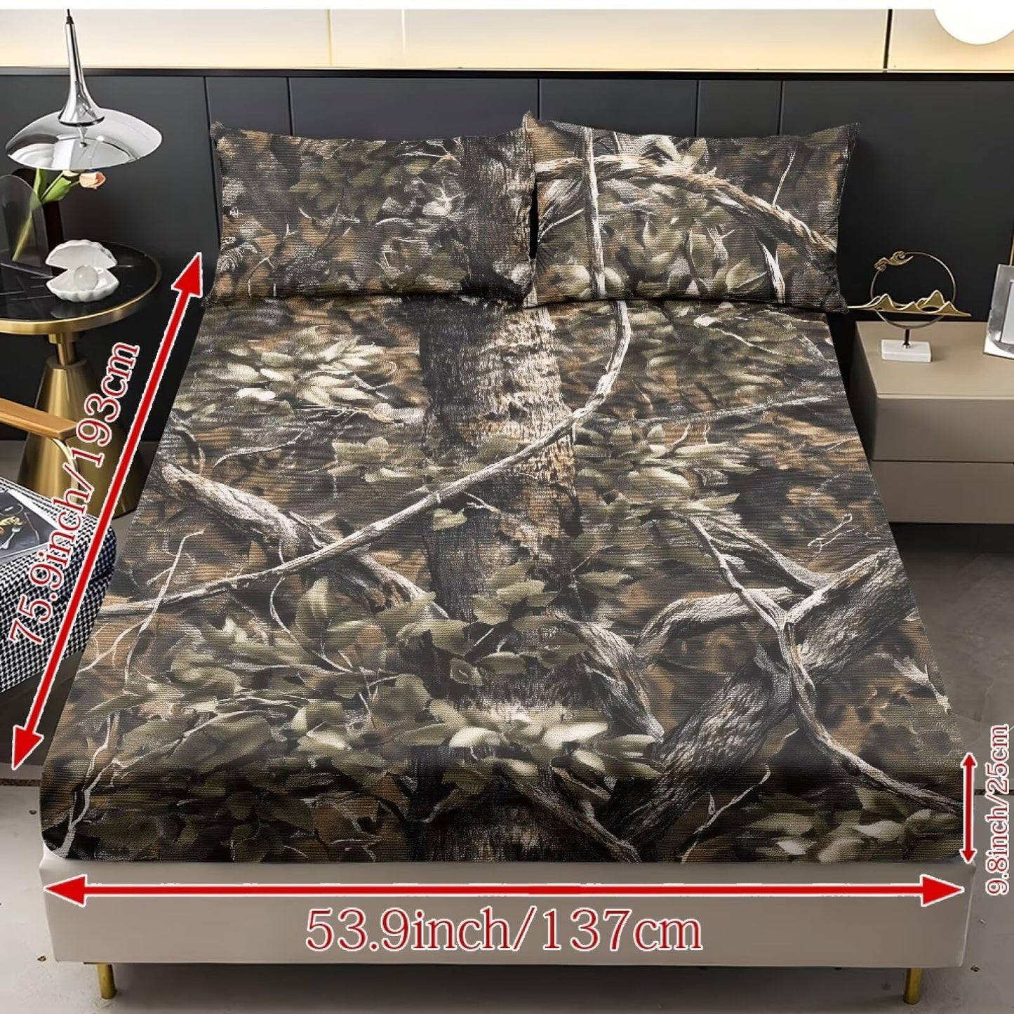 ZDCUSTOM XL Size 3 Piece Sheet Set Stay in Place Fade Stain Resistant Cooling Bed Sheets with All Around Elastic Cozy Bedsheet & Pillowcases for Bedroom Decor Hunting Camo, 39" x 79"