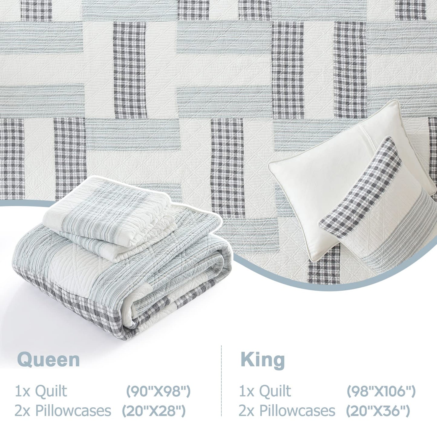 Finlonte Quilt King Size 100% Cotton Lightweight Soft King Quilt Real Patchwork Plaid Quilted Bedspread Black Gray White Quilt Bedding Set 3 Pieces