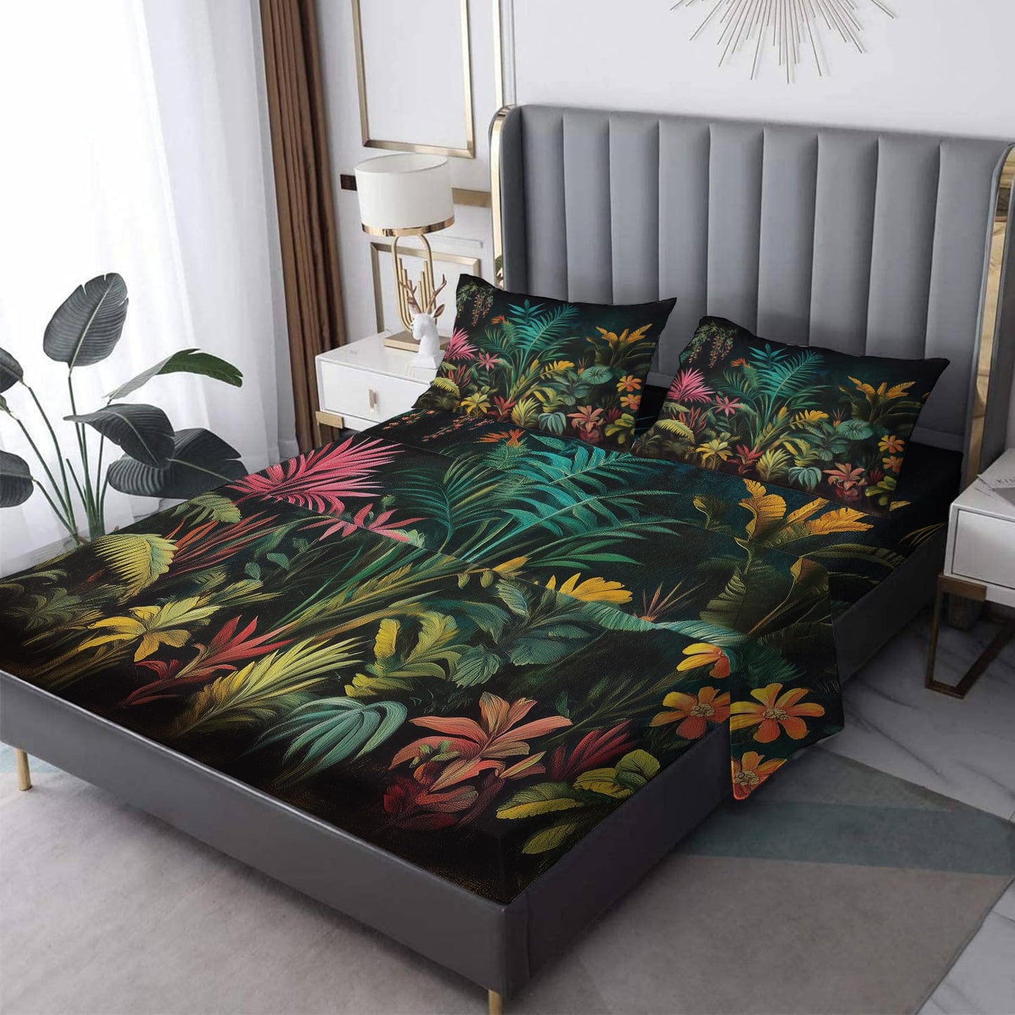 NOGAWA Tropical Leaf Sheets Queen, Flower Floral Leaves Bed Sheets, Deep Pocket & Soft Microfiber Bedding Sheets & Pillowcases 4 Piece - Fitted Sheet & Flat Sheet & 2 Pillow Cases