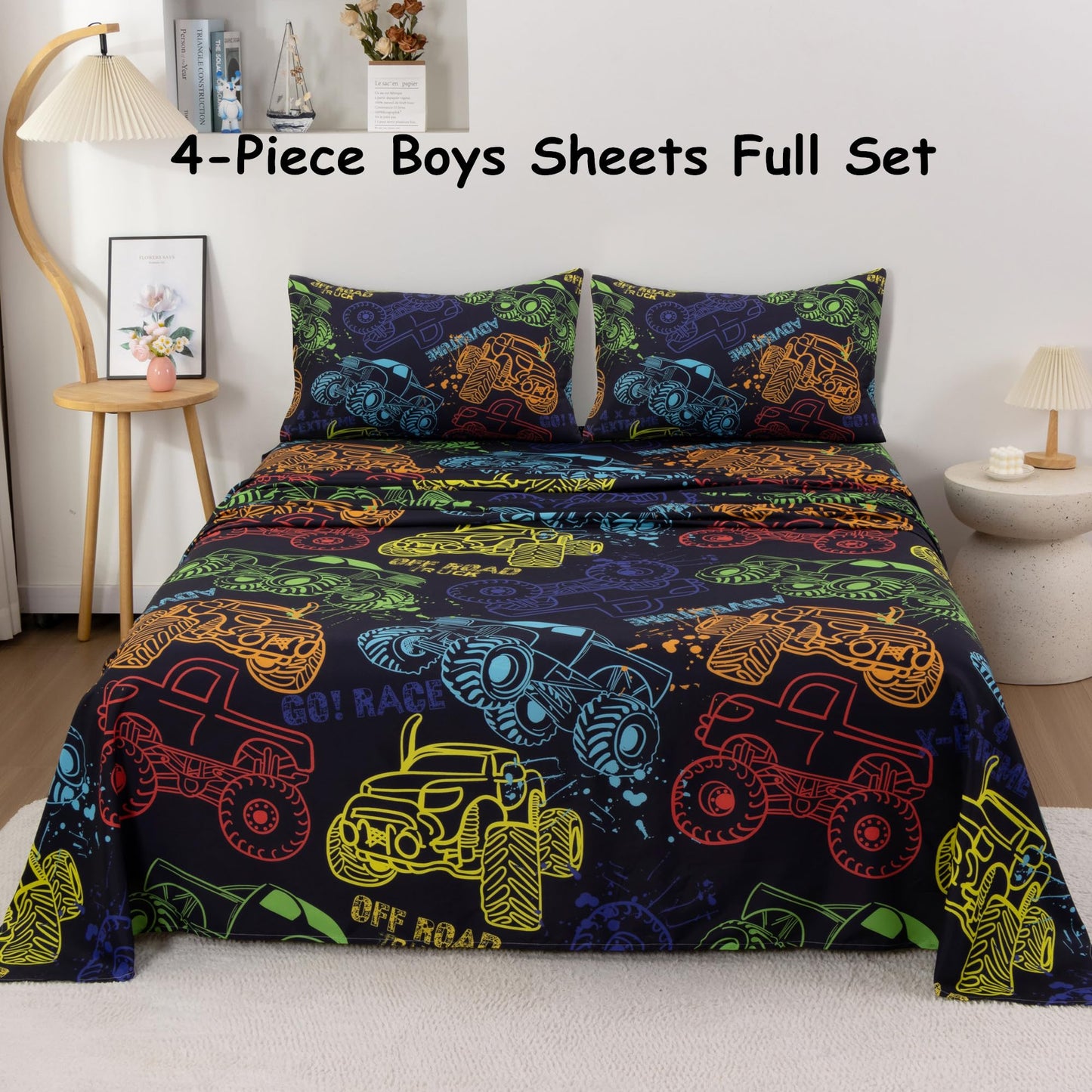 URLINENS Boys Sheets Full Size 4 Piece, Hand Drawn Cars Sheet Set for Kids Teens, Watercolor Off Road Truck Bed Sheets Soft Microfiber Boys Bedding Sheet-1 Fitted Sheet 1 Flat Sheet 2 Pillowcases