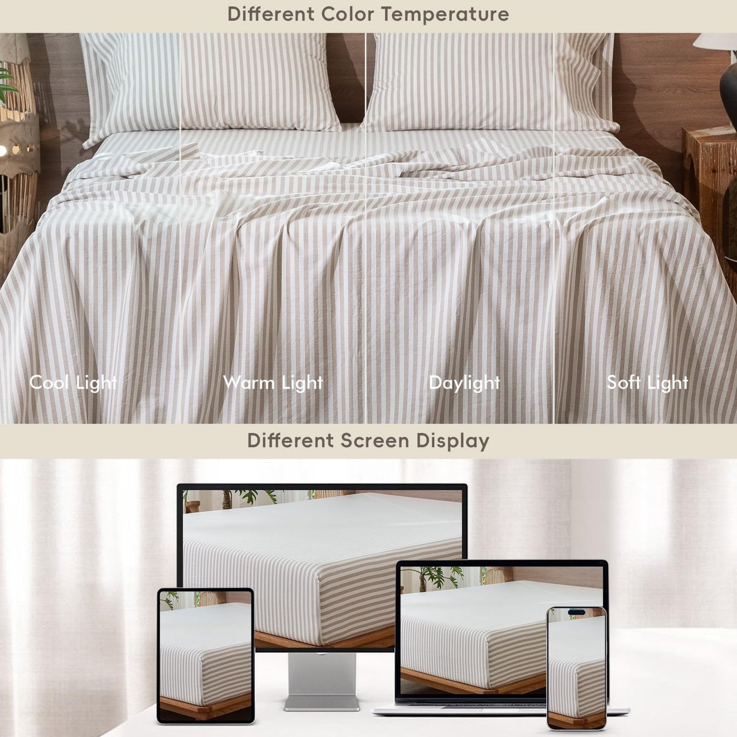 MooMee Striped Fitted Bottom Sheet Only 100% Washed Cotton Linen Like Textured Breathable Durable Soft Comfy Deep Pocket Fits Mattress up to 17" (Tannish Linen Grey White Classic Stripes, Queen)