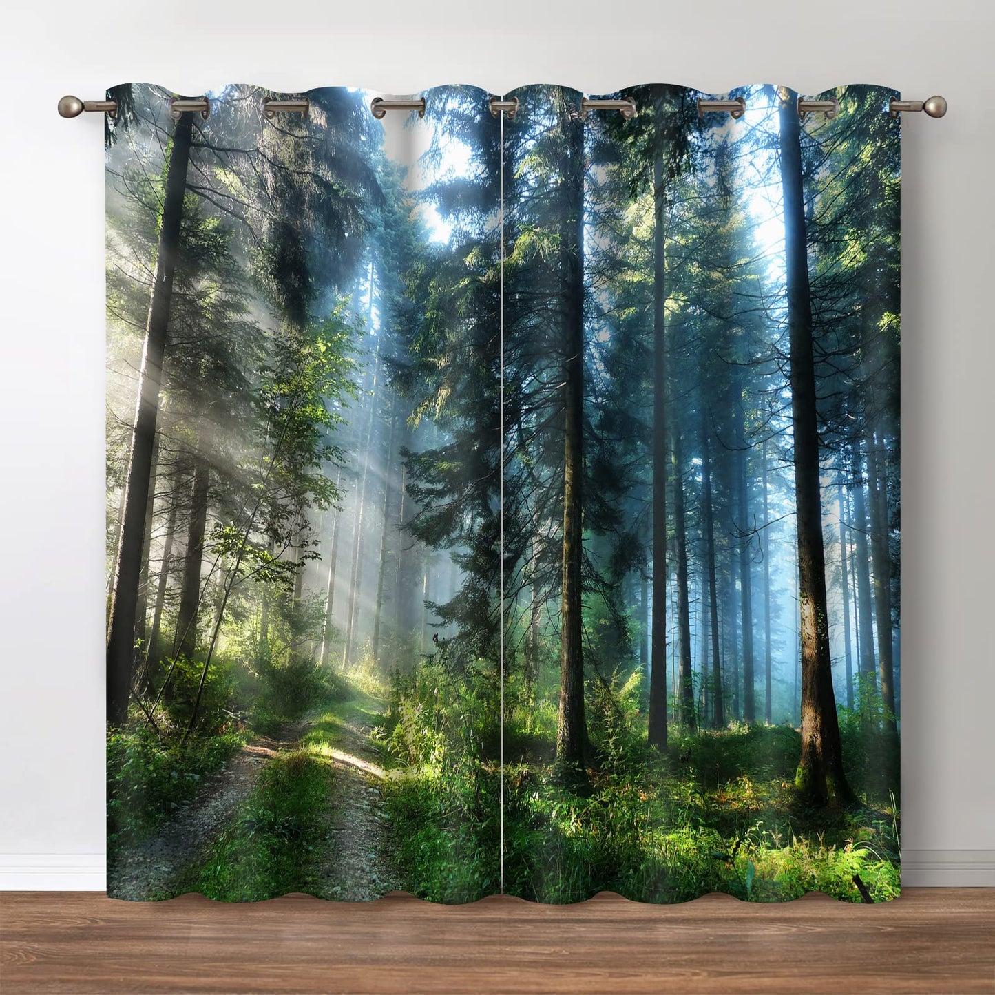 Jekeno Forest Scenery Blackout Curtains Misty Sunshine Woodland Tree Path Nature Landscape Print Decor Bedroom Apartment Living Room Darkening Window Grommet Drapes 2 Panels Set,52"X84"