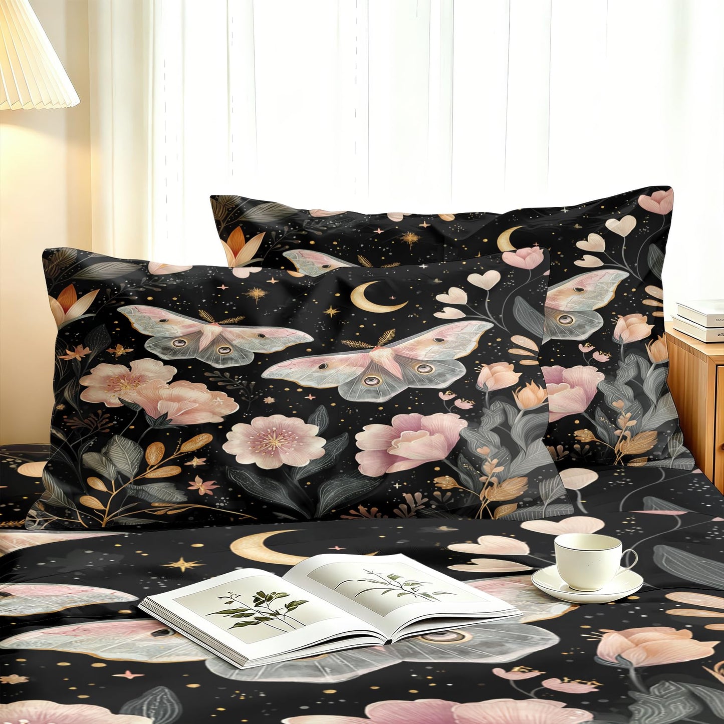 Pink Luna Moth Bedding Set 4 Pcs Girls Moon Star Queen Sheets