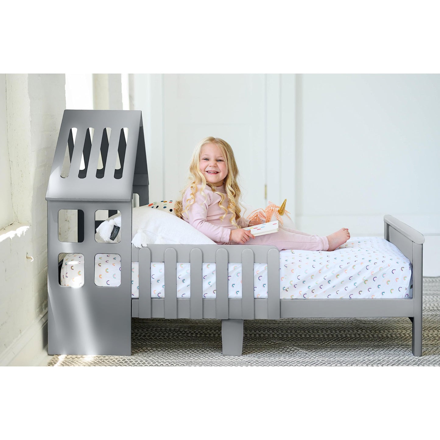 Little Partners Lil' House Toddler Bed, Solid Wood Home-Shaped Child's Bed Frame with Rails & Two Safety Guards, Fits Crib Size Mattress, Easy Access Low-to-Ground Modern Design (Silver Drop)