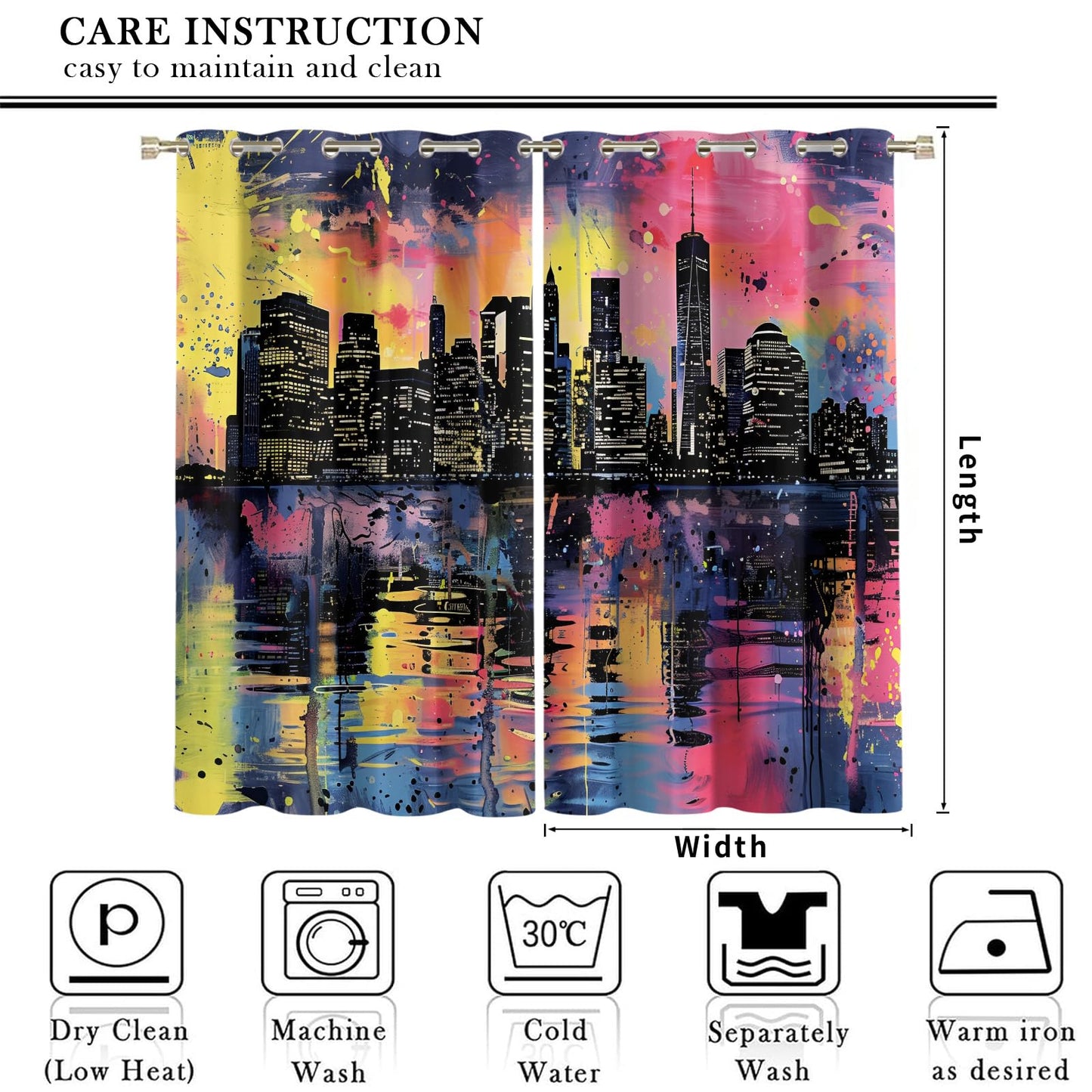 XAFIAUR Urban Architecture Blackout Curtains, Skyline Landscape Printed Drapes, Color Splatter Thermal Insulated Drapes 2 Panels Darkening Window Curtain for Bedroom Living Room 21" W x 63" L x2