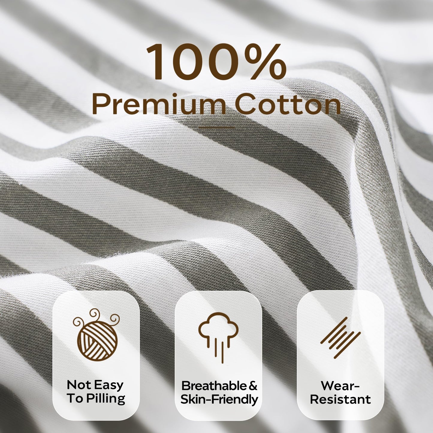 JELLYMONI 100% Natural Cotton 3pcs Striped Duvet Cover Sets,White Duvet Cover with Grey Stripes Pattern Printed Comforter Cover,with Zipper Closure & Corner Ties(Queen Size)
