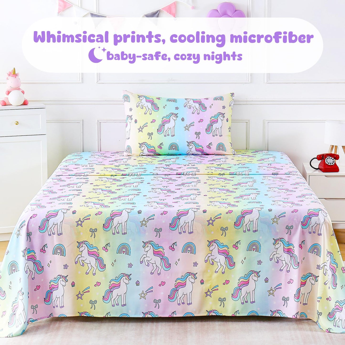 LONAVA Twin Sheet Set Kids - 3 Pieces Soft Microfiber Cartoon Style Bedsheets for Boys Girls Teens, Oeko TEX, Breathable Deep Pocket Sheets (Rainbow Unicorn)