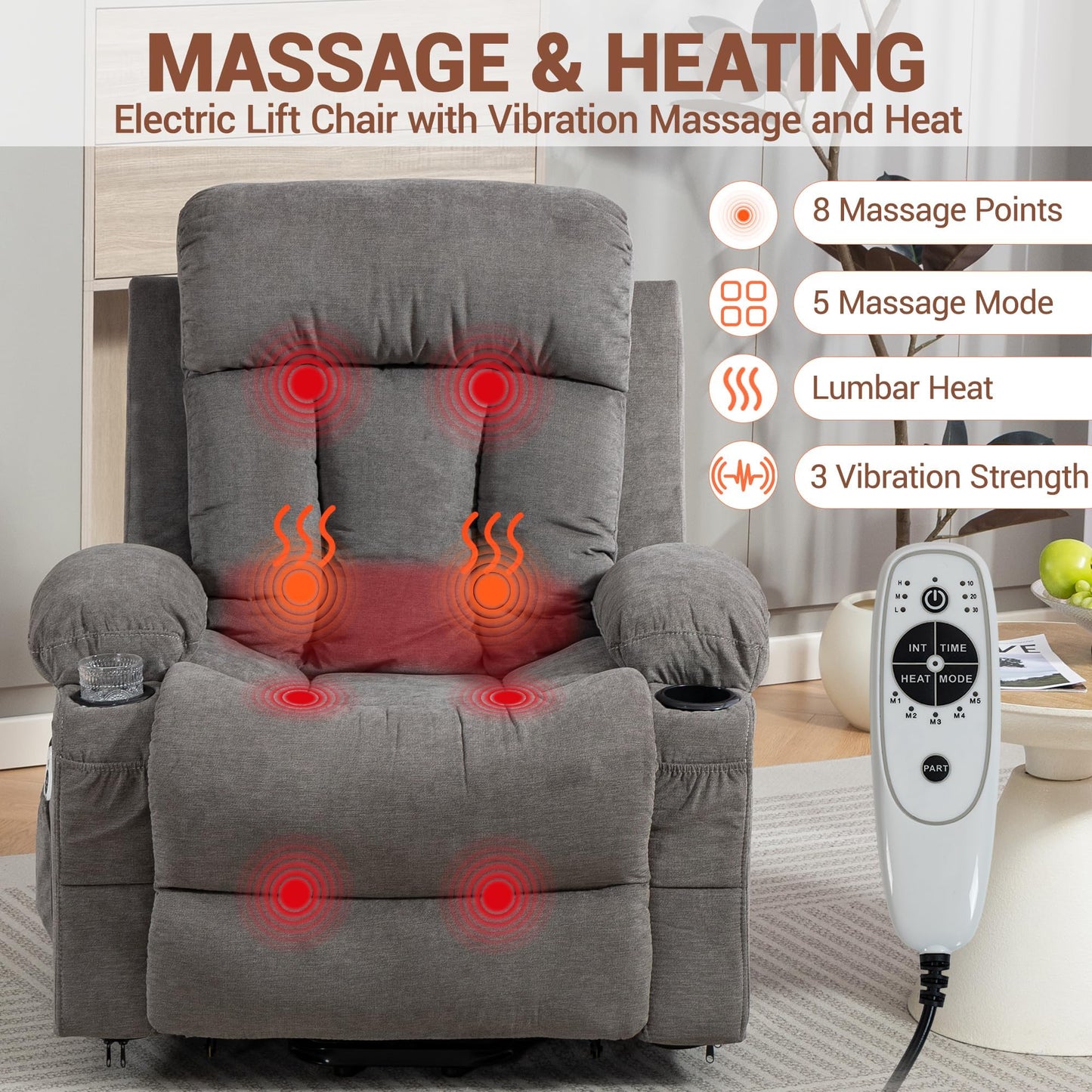 WENTUM Lift Chair for Elderly with 8 Vibration Points Massage and Heat, Power Electric Recliner Featuring Cup Holders Side Pockets & USB Charge Port for Living Room, Grey