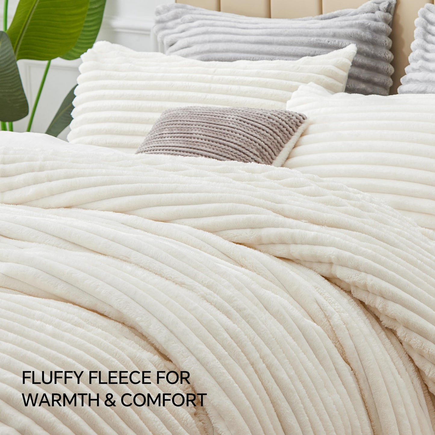 BEDELITE Fleece Queen Comforter Set -Super Soft & Warm Fluffy Cream White Bedding, Luxury Fuzzy Heavy Bed Set for All Season with 2 Pillow Cases
