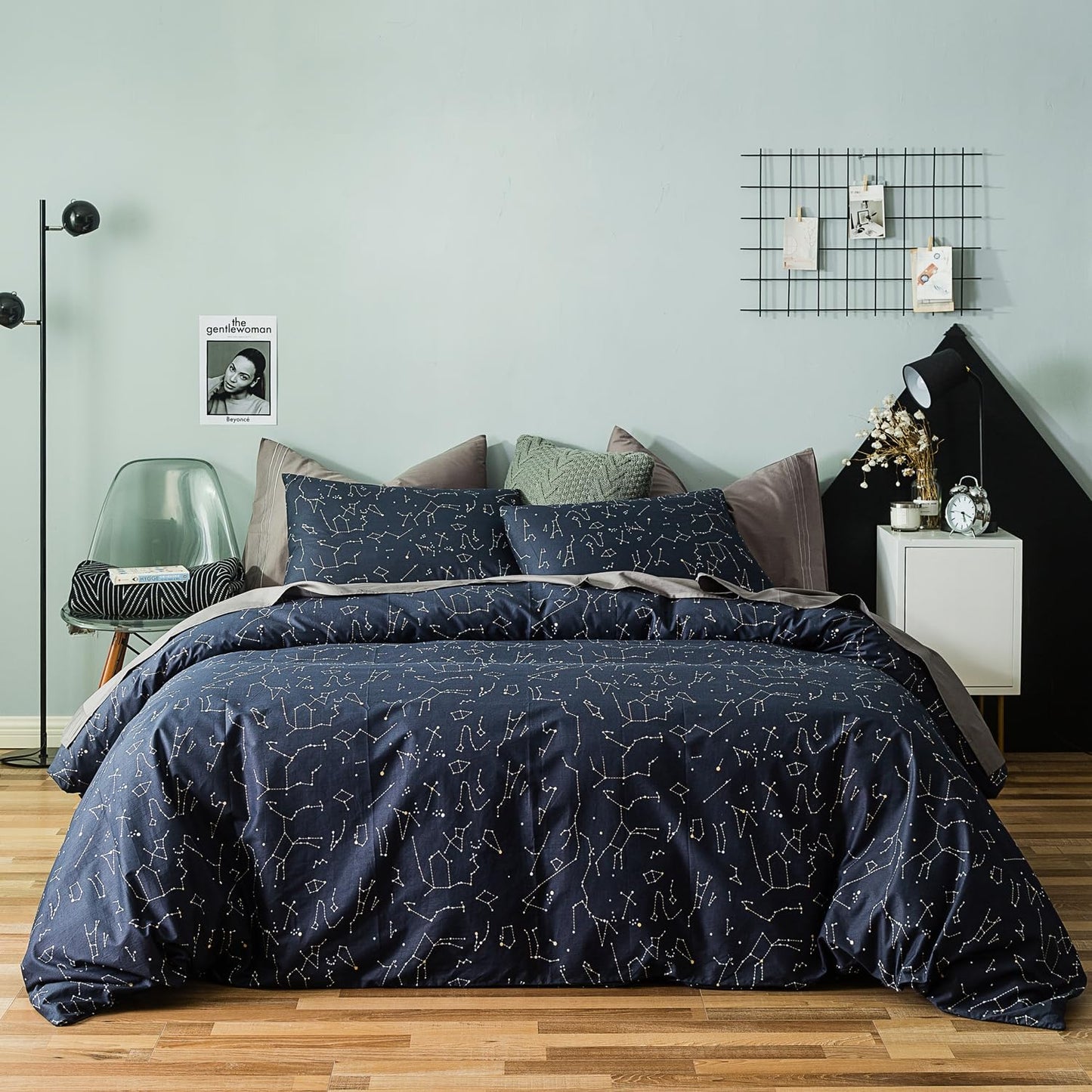 YuHeGuoJi Navy Constellation Duvet Cover King 100% Cotton 3 Pcs Set 1 Blue Space Duvet Cover with Zipper Ties 2 Pillowcases Modern White Stars Galaxy Celestial Pattern Bedding Set Soft
