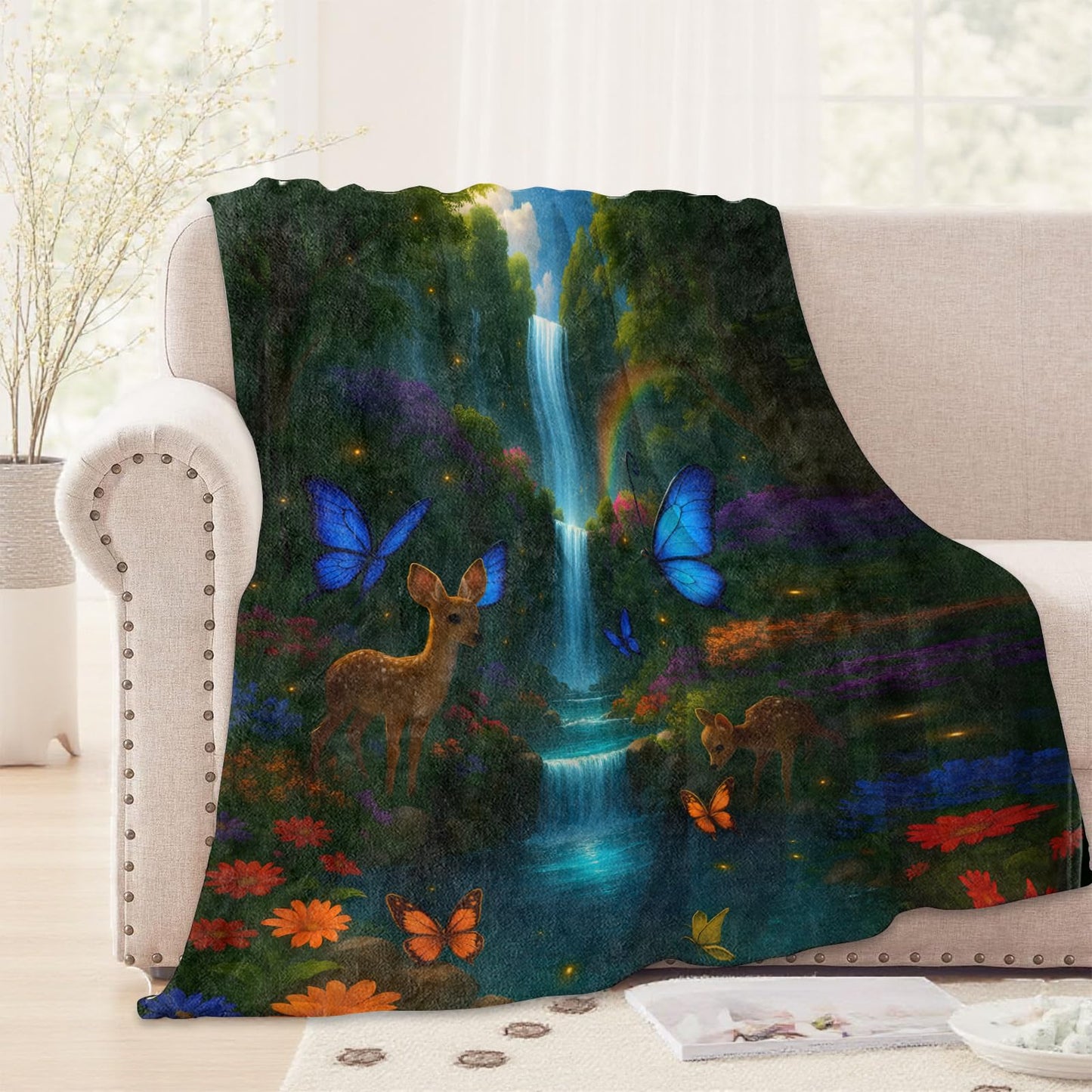 WKEDIN Magical Deer and Butterfly Blanket,50x60in,Cozy Flannel Throw with Enchanted Waterfall Forest Rainbow Design,Soft Lightweight Gifts Blankets for Kids,Sofa Bed Travel Whimsical Decor