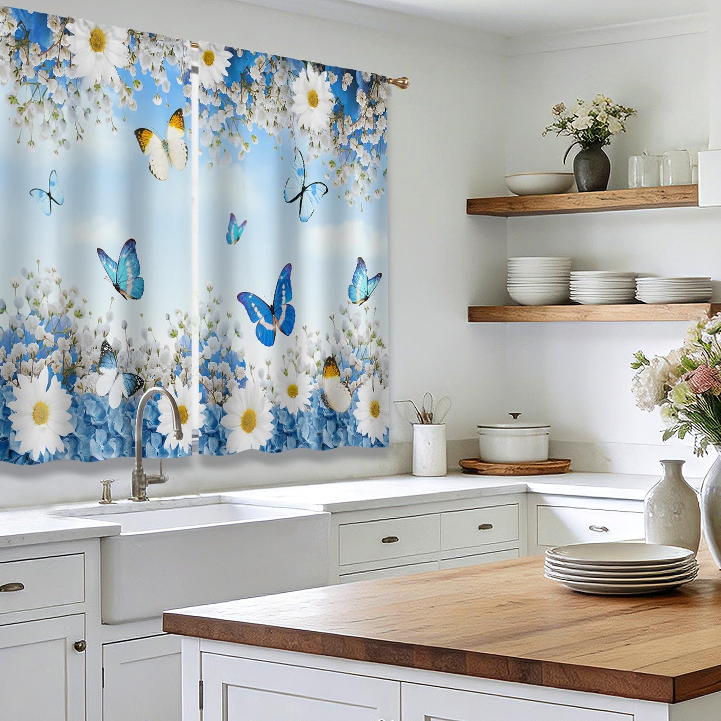 Cizuug Floral Butterfly Curtain for Kitchen & Bathroom Curtains - Daisy Floral Pattern Spring Cafe & Bedroom Short French Door Curtains 2 Panels (27.5x39 Inch)