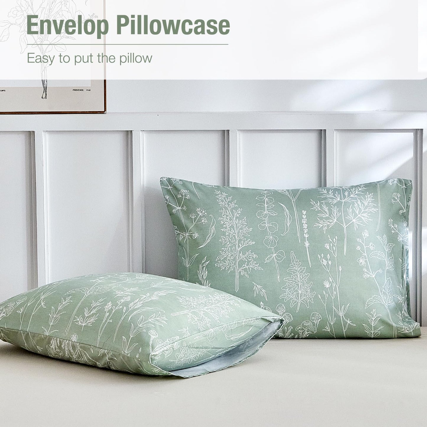 Lekesky Floral Duvet Cover King Size, Sage Green Duvet Cover King Plant Flowers Pattern Bedding Set for All Season, Soft Breathable Duvet Cover with Zipper Closure & Corner Ties