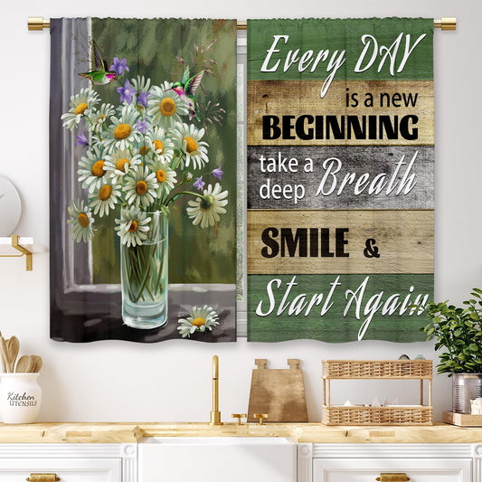 Laifzere Rustic Daisy Vase Floral Kitchen Curtains Green Wooden Farmhouse Flower Small Short Cafe Window Curtains Jesus Country Inspirational Bathroom Window Treatment Tier Curtains (27.5x39 Inch)